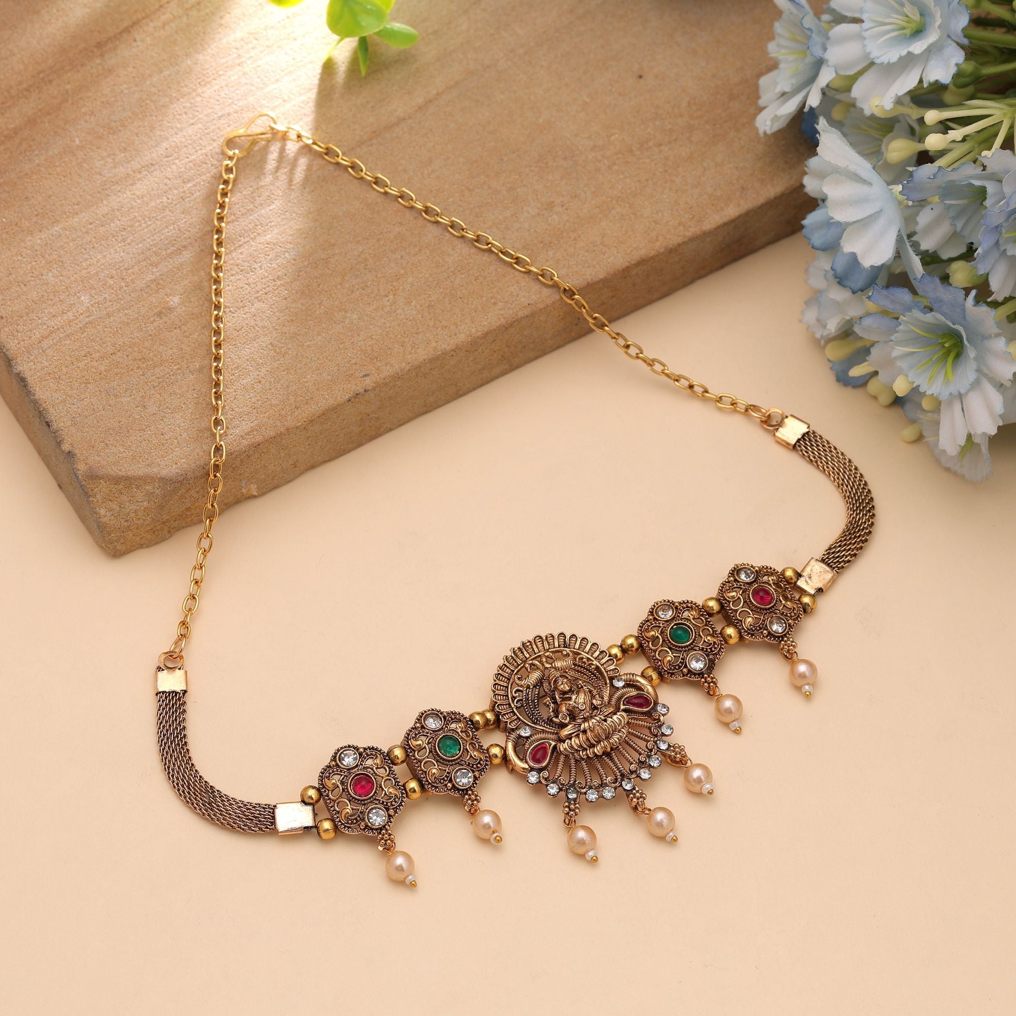 Rani & Green Color Temple Art Necklace