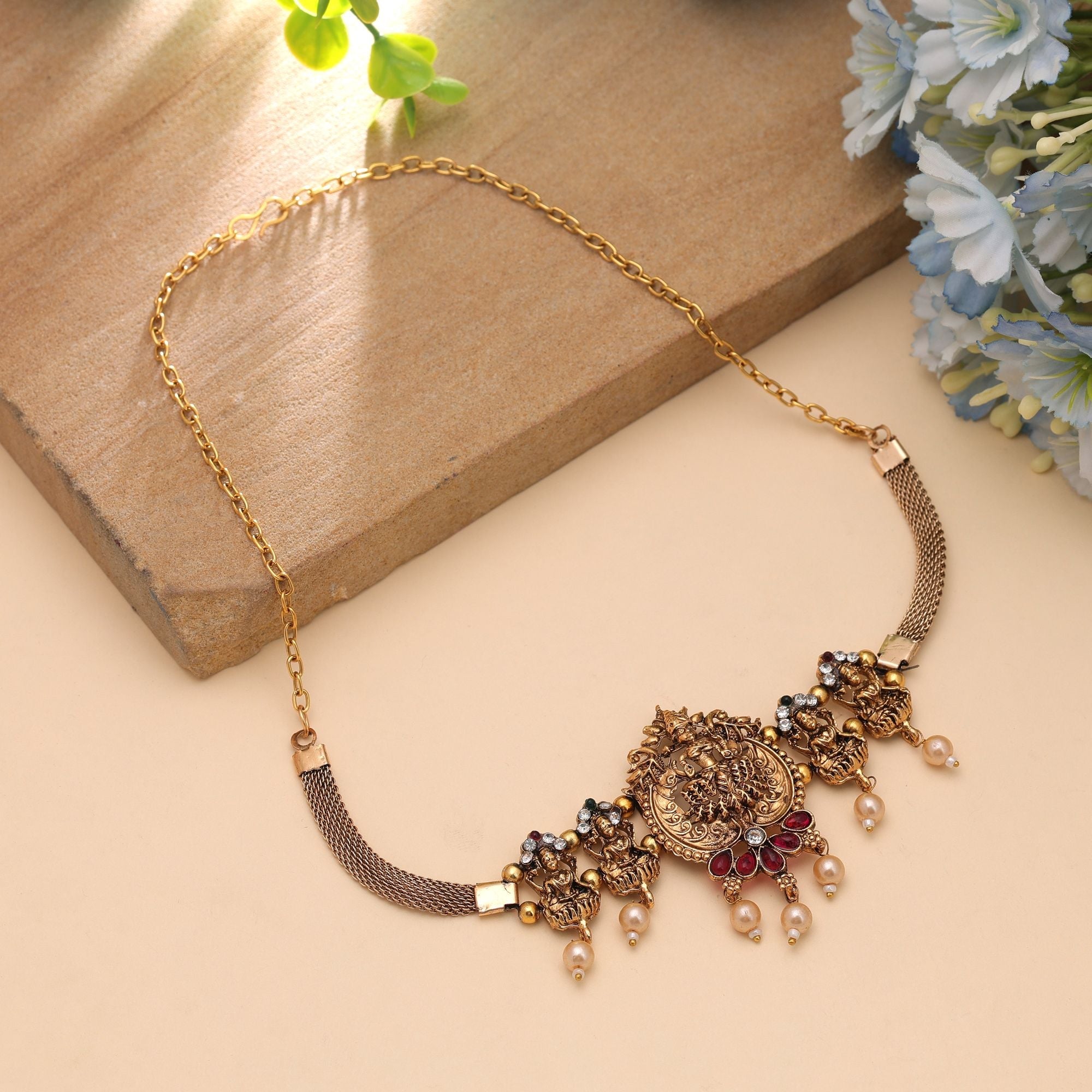 Rani & Green Color Temple Design Necklace