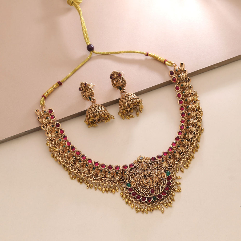 Maroon & Green Color Temple Necklace Set Traditional Design