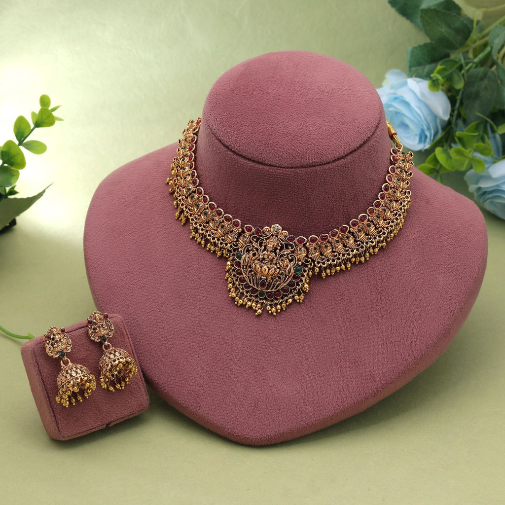 Maroon & Green Color Temple Necklace Set Traditional Design