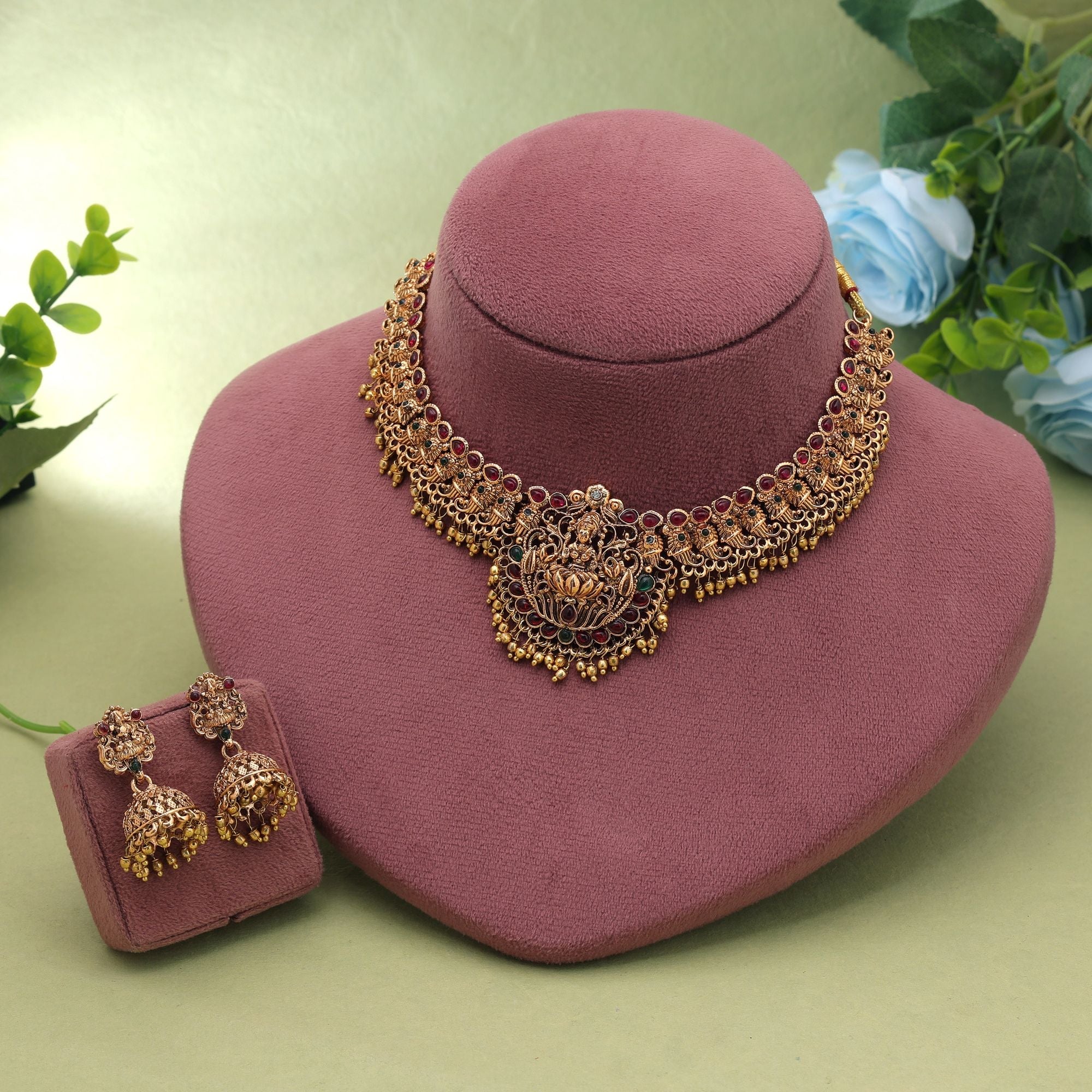 Maroon & Green Color Temple Necklace Set Traditional Design