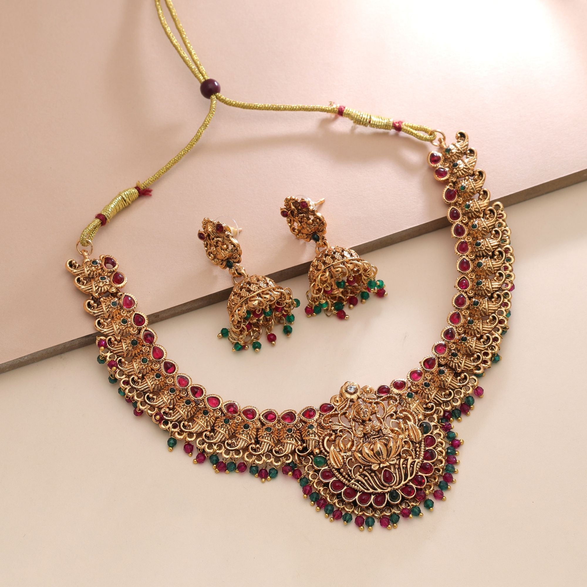 Rani & Green Color Temple Necklace Set Royal Style