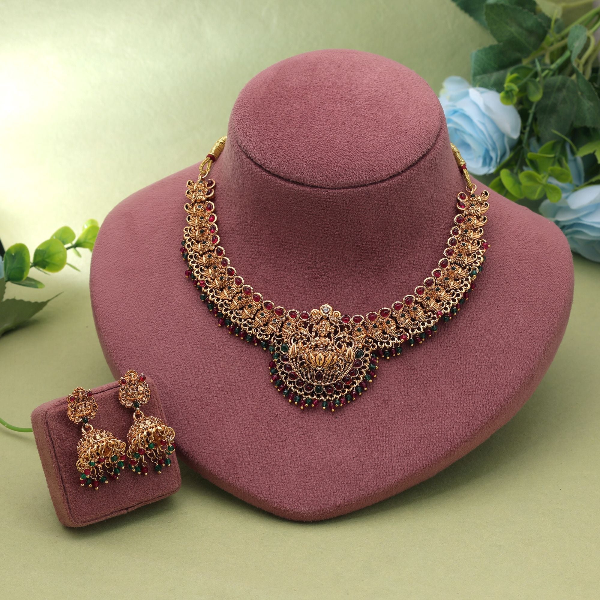 Rani & Green Color Temple Necklace Set Royal Style