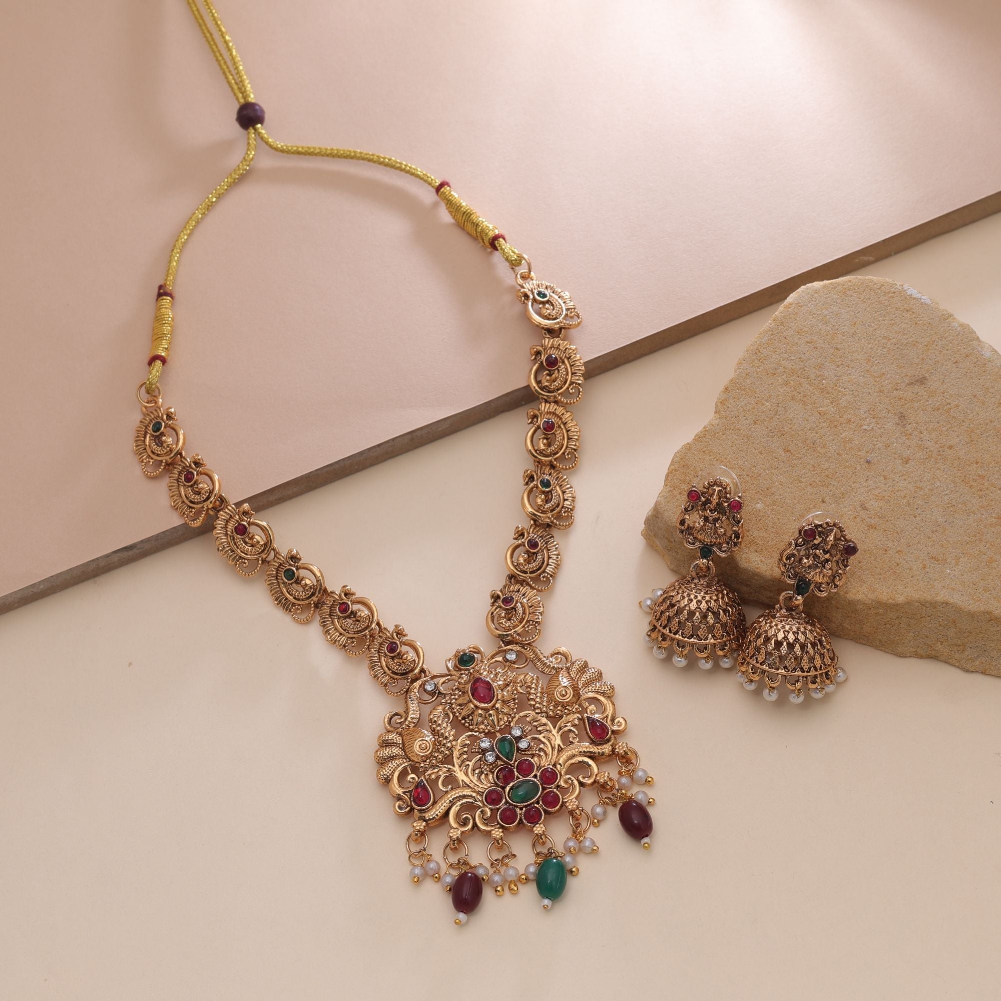 Maroon & Green Color Temple Necklace Set Temple Art Design