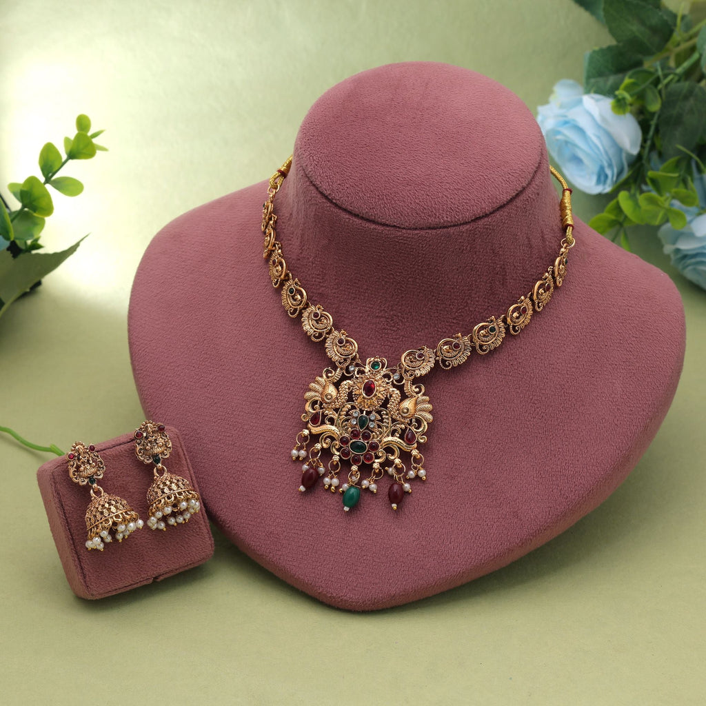 Maroon & Green Color Temple Necklace Set Temple Art Design