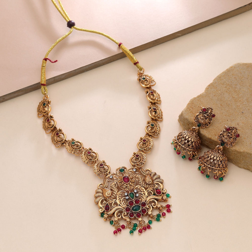 Maroon & Green Color Temple Necklace Set Antique Finish