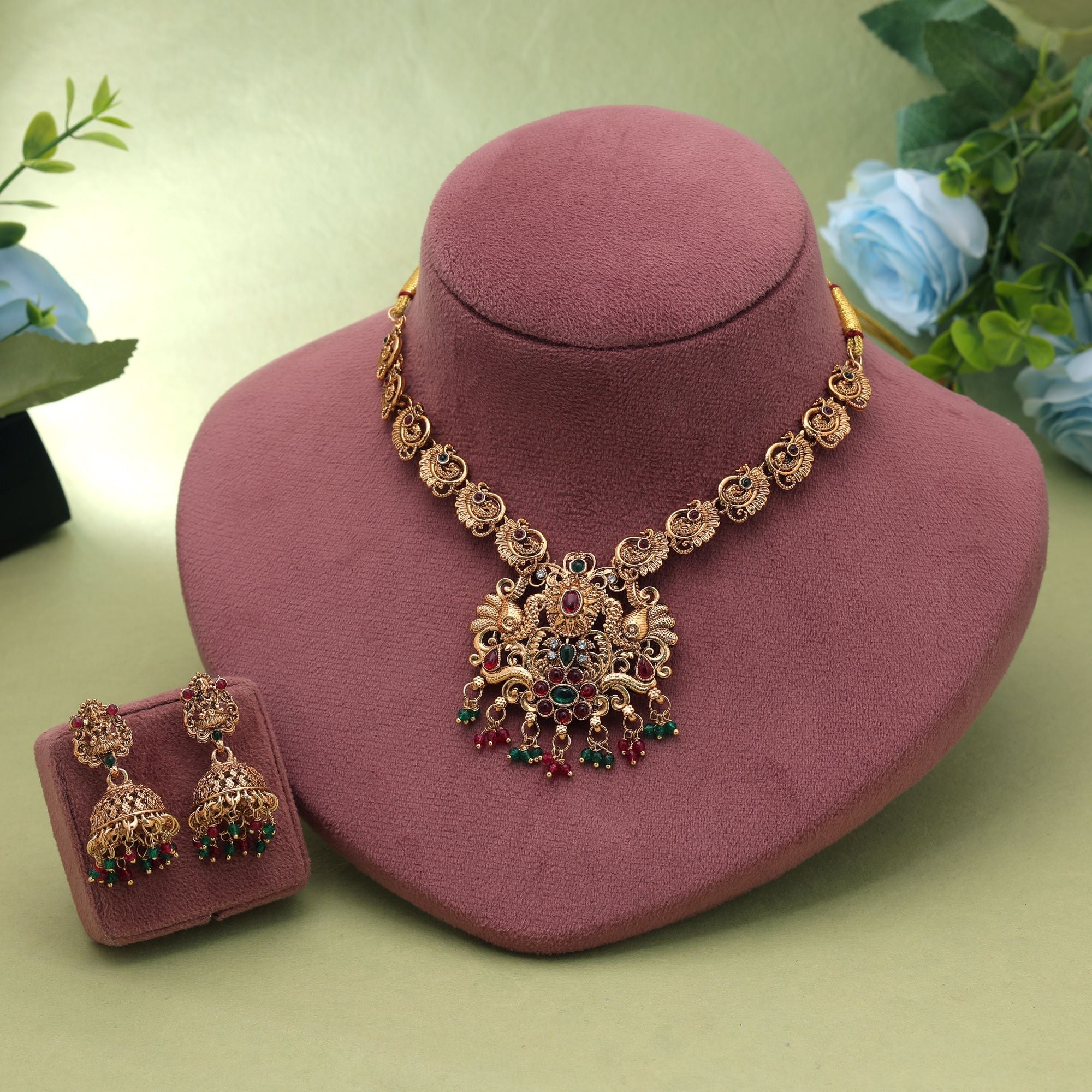 Maroon & Green Color Temple Necklace Set Antique Finish