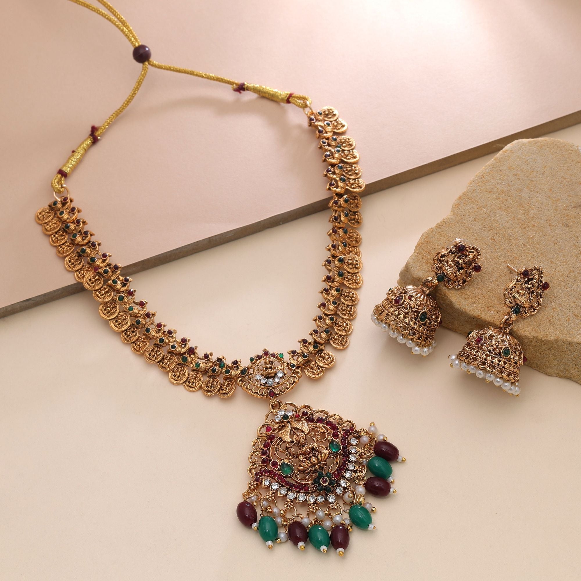 Maroon & Green Color Temple Necklace Set Festive Look