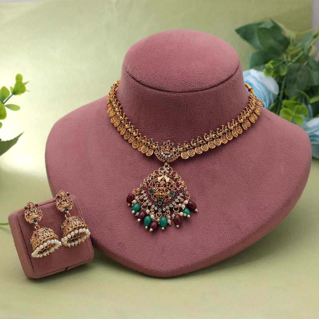 Maroon & Green Color Temple Necklace Set Festive Look