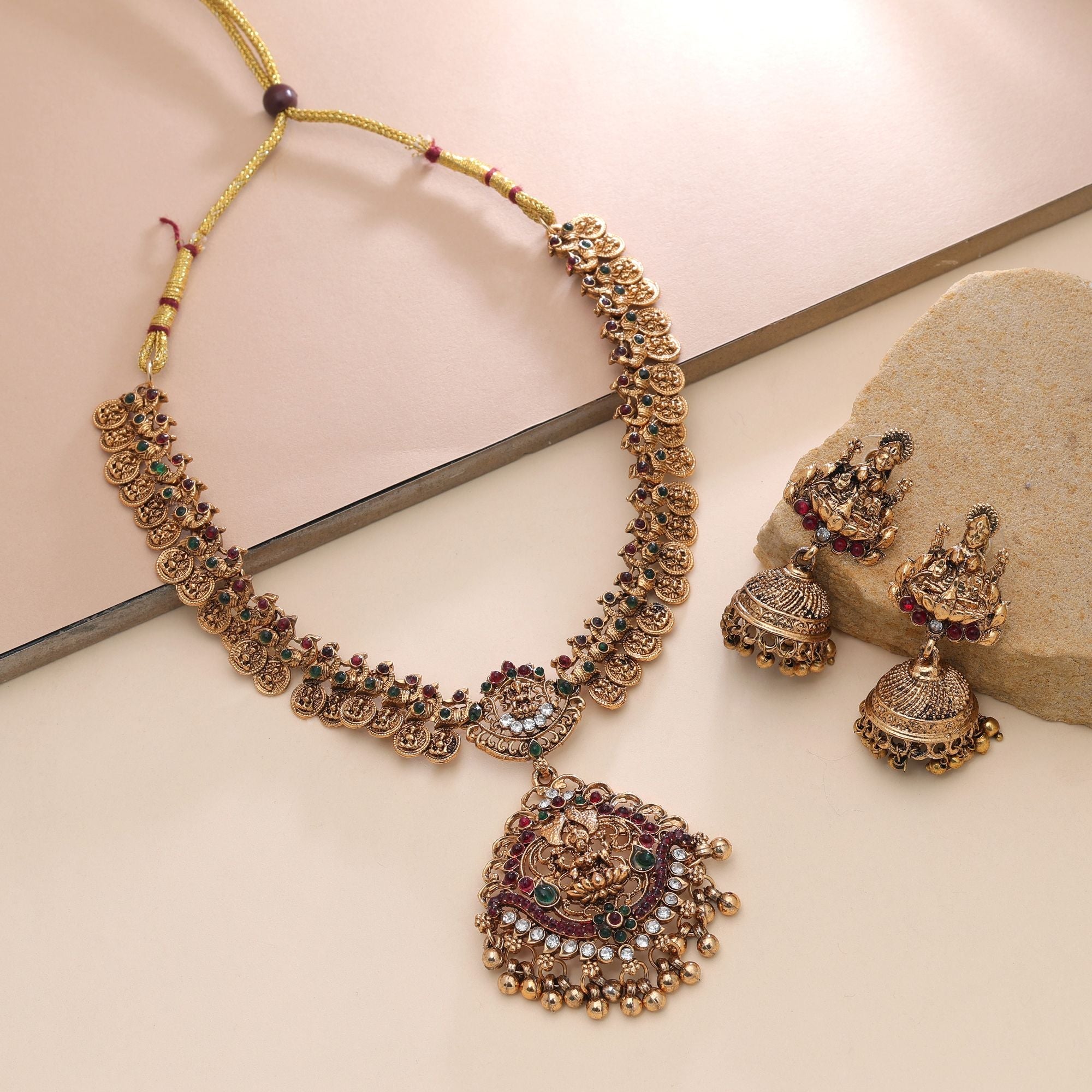 Maroon & Green Color Temple Necklace Set Goddess Design