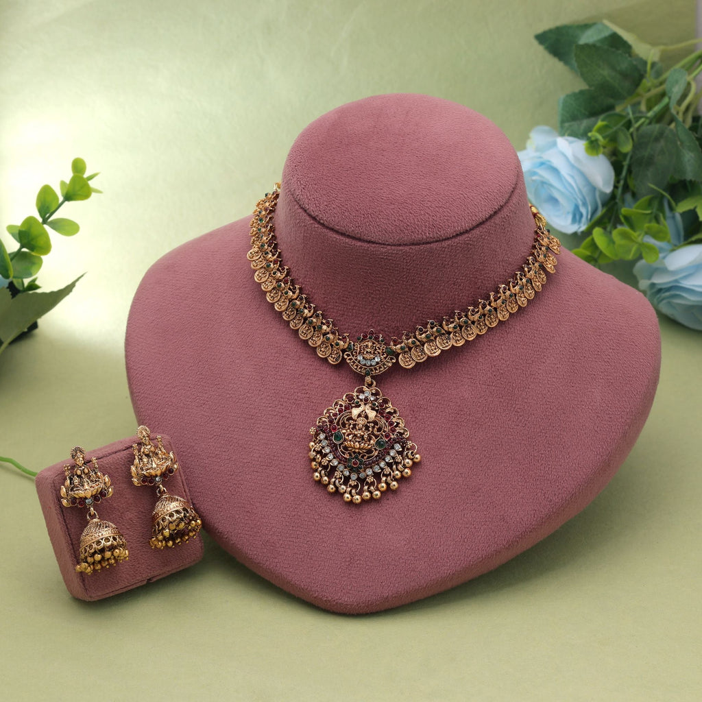 Maroon & Green Color Temple Necklace Set Goddess Design