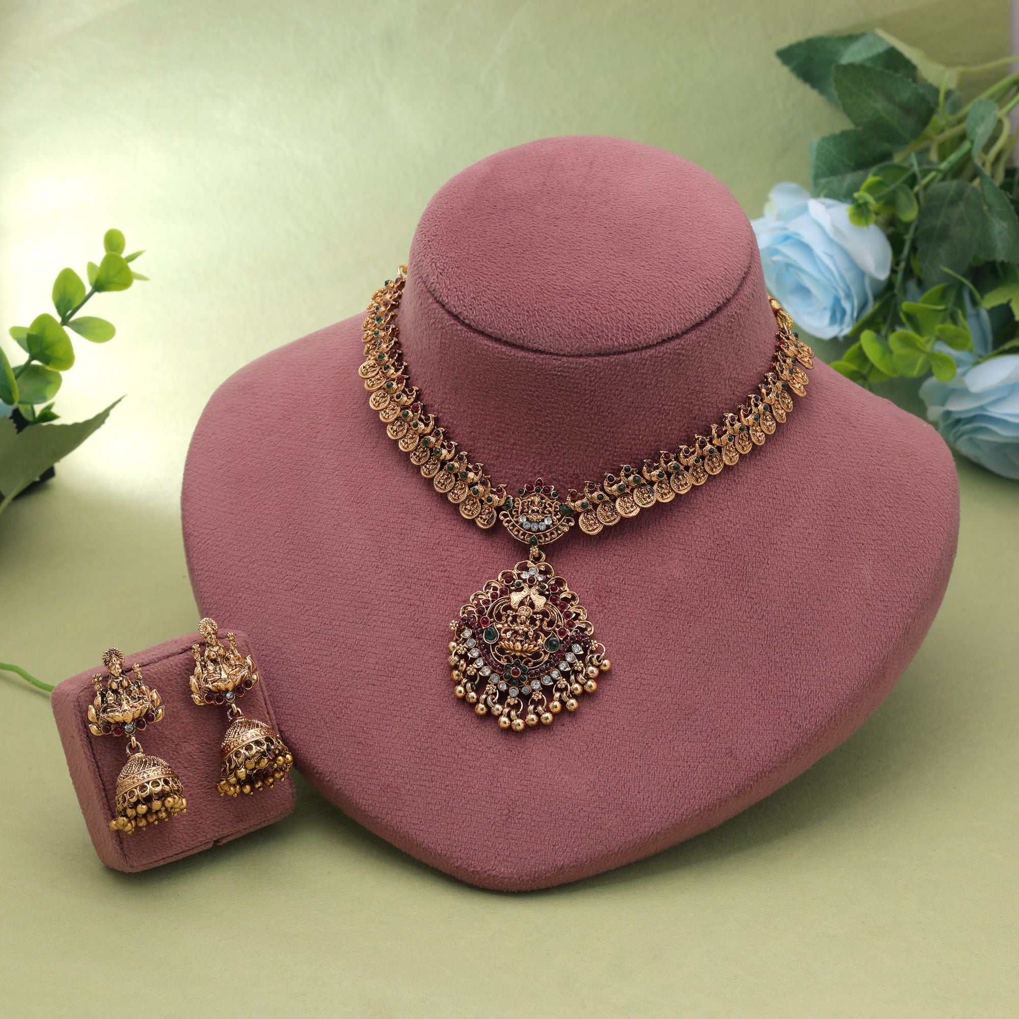 Maroon & Green Color Temple Necklace Set Goddess Design