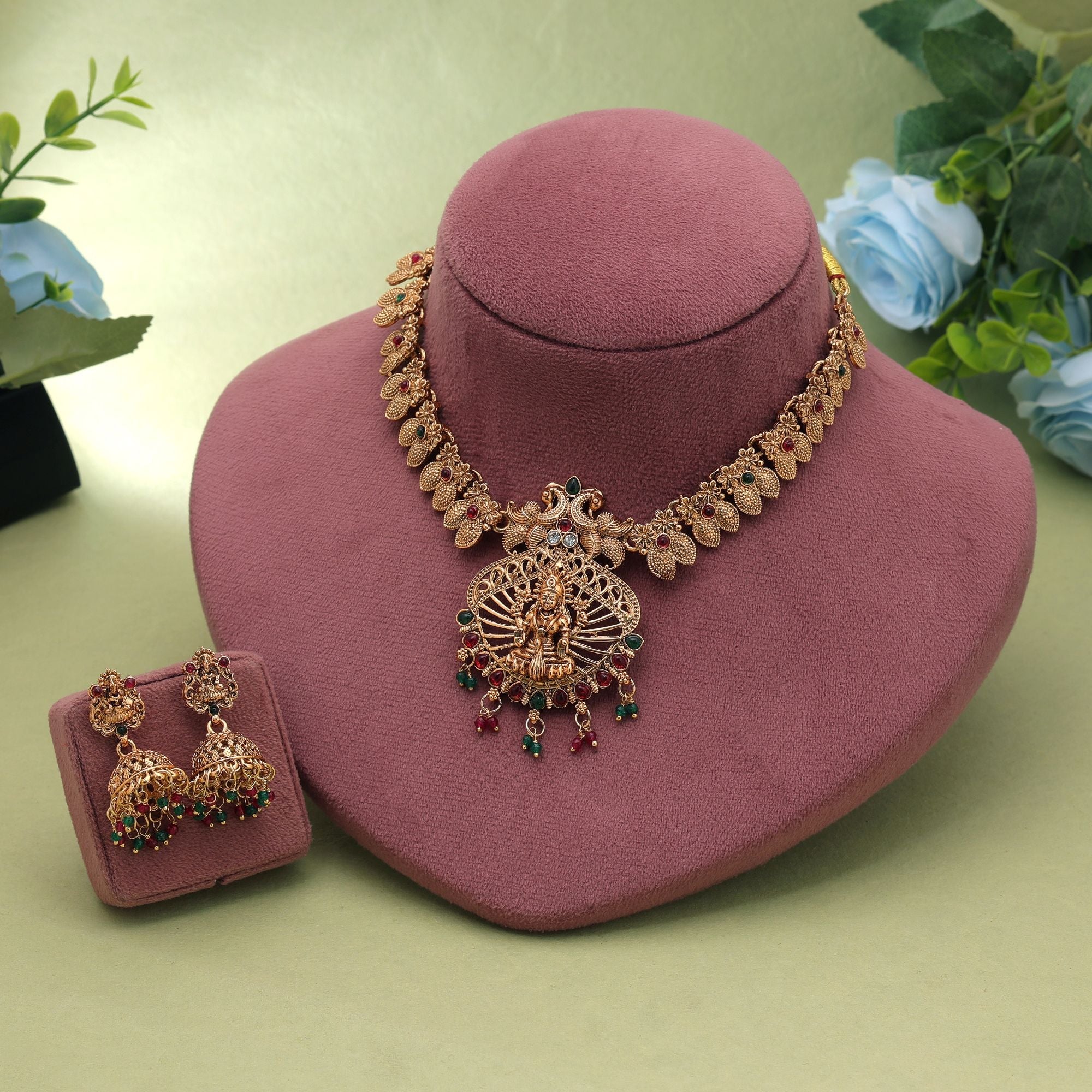 Rani & Green Color Temple Necklace Set Temple Craft