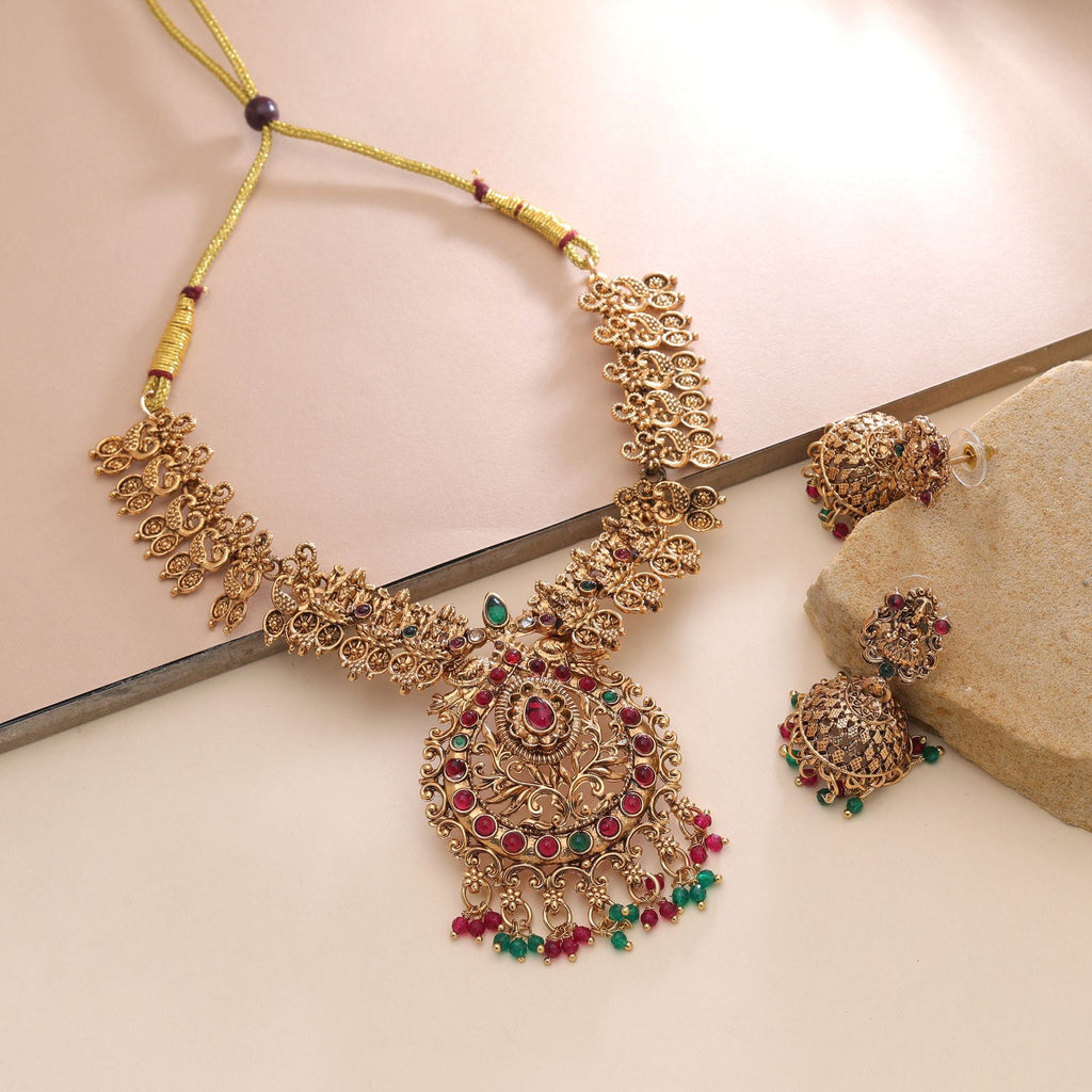 Rani & Green Color Temple Necklace Set Wedding Design