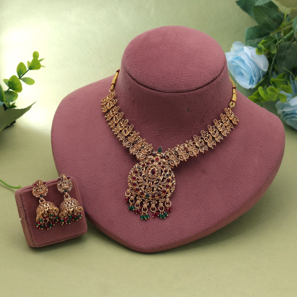 Rani & Green Color Temple Necklace Set Wedding Design