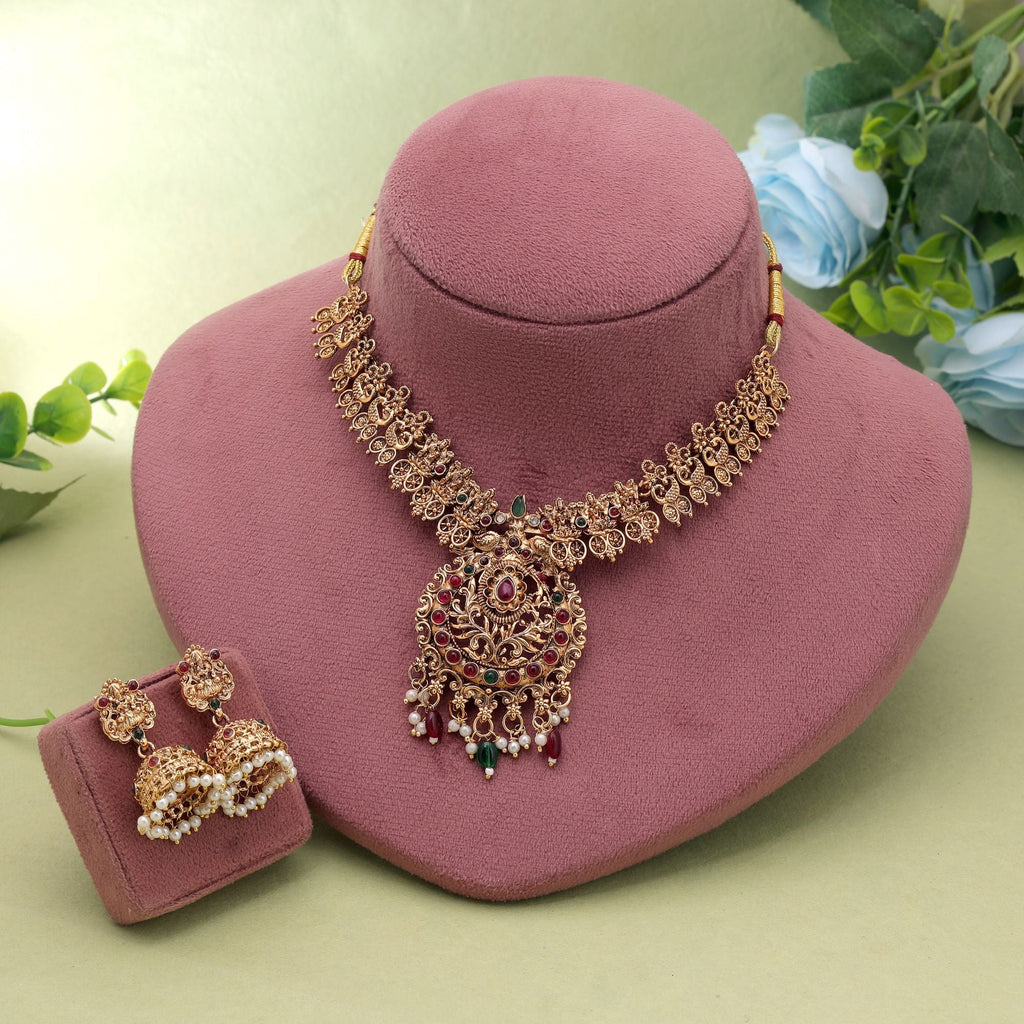 Maroon & Green Color Temple Necklace Set Ethnic Pattern
