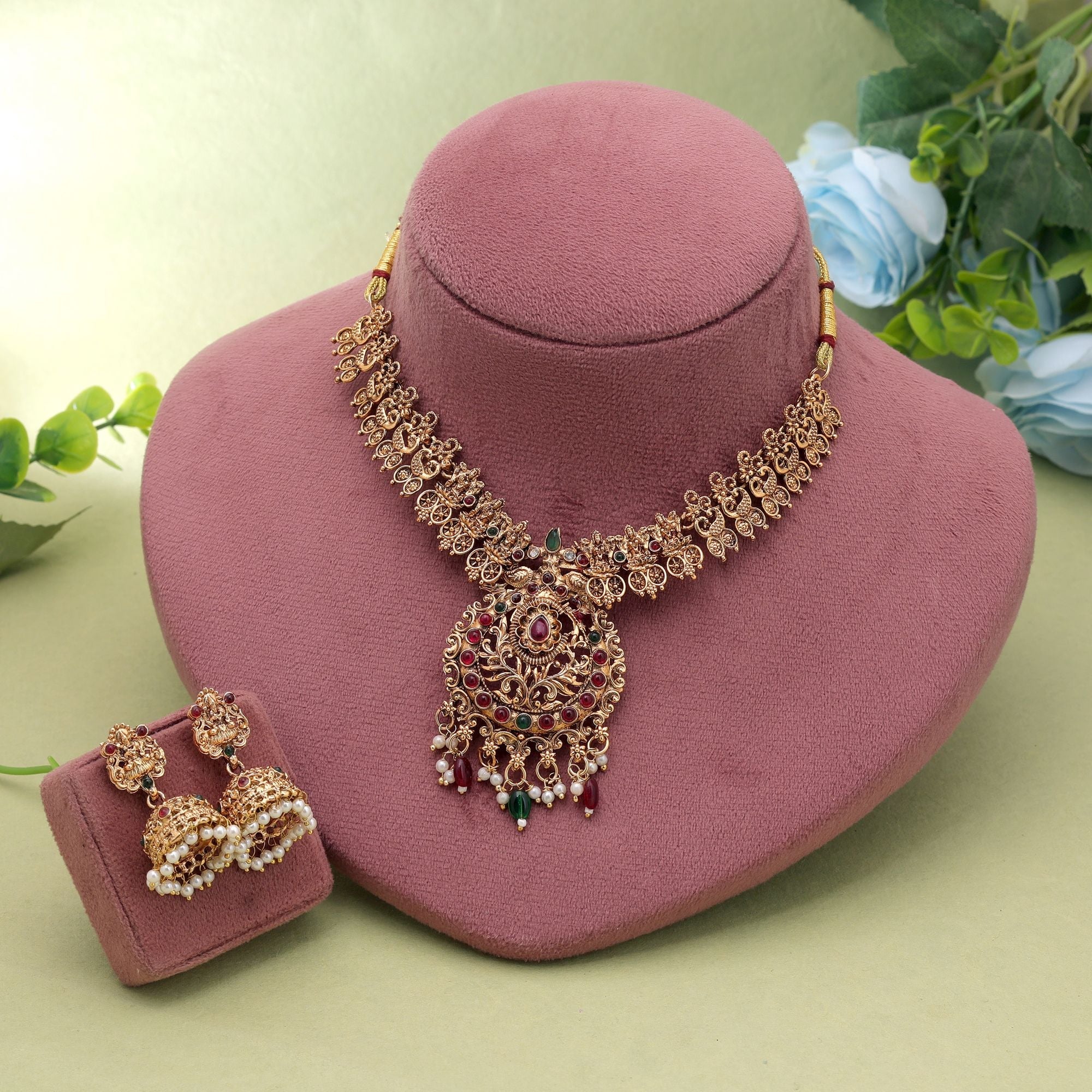 Maroon & Green Color Temple Necklace Set Ethnic Pattern