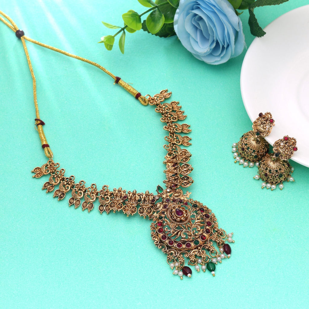 Maroon & Green Color Temple Necklace Set Ethnic Pattern