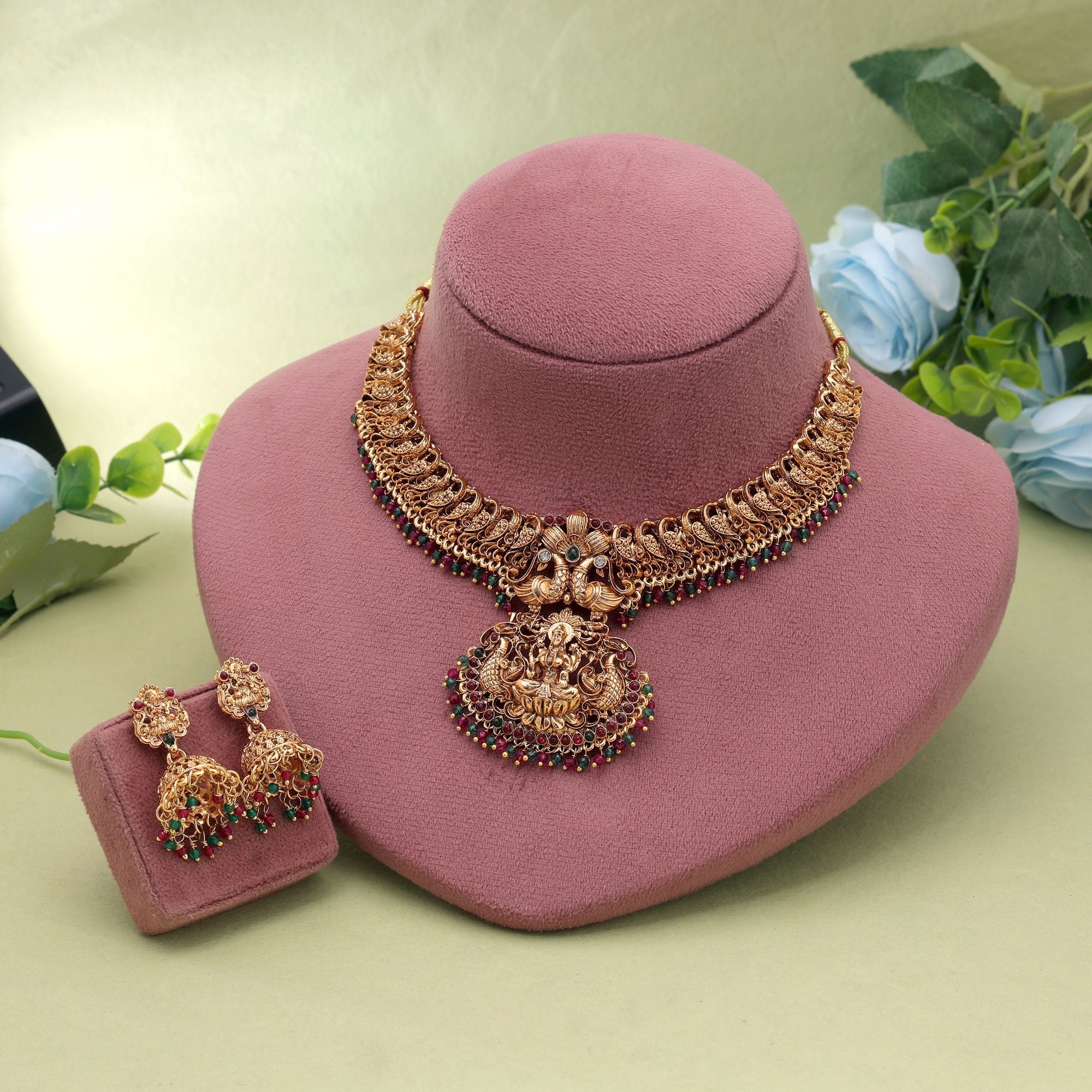 Rani & Green Color Temple Necklace Set Bridal Style