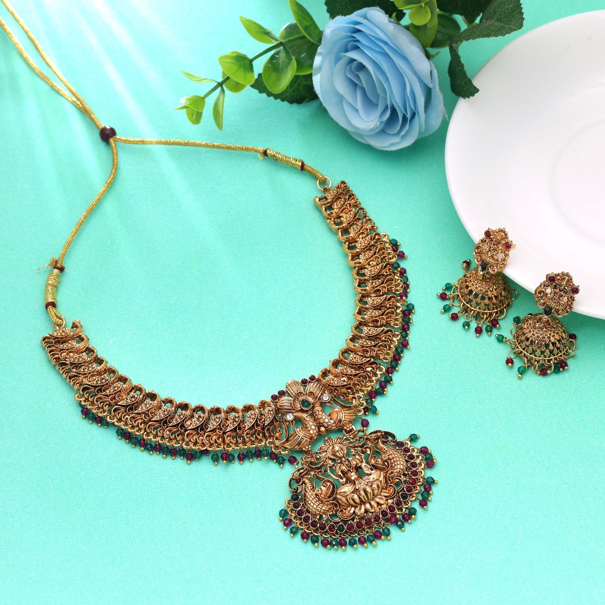 Rani & Green Color Temple Necklace Set Bridal Style