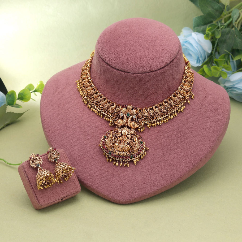 Maroon & Green Color Temple Necklace Set South Indian Design