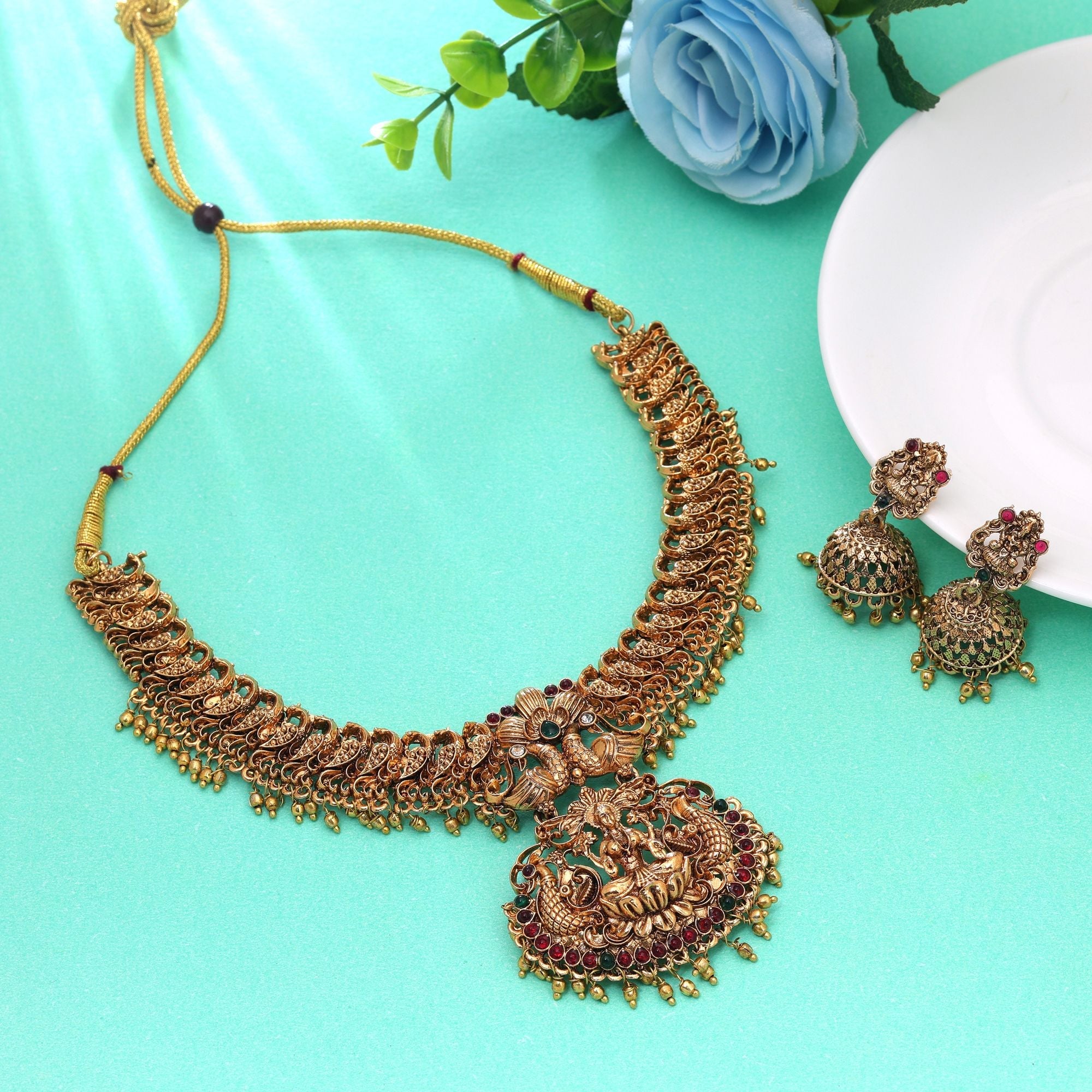 Maroon & Green Color Temple Necklace Set South Indian Design