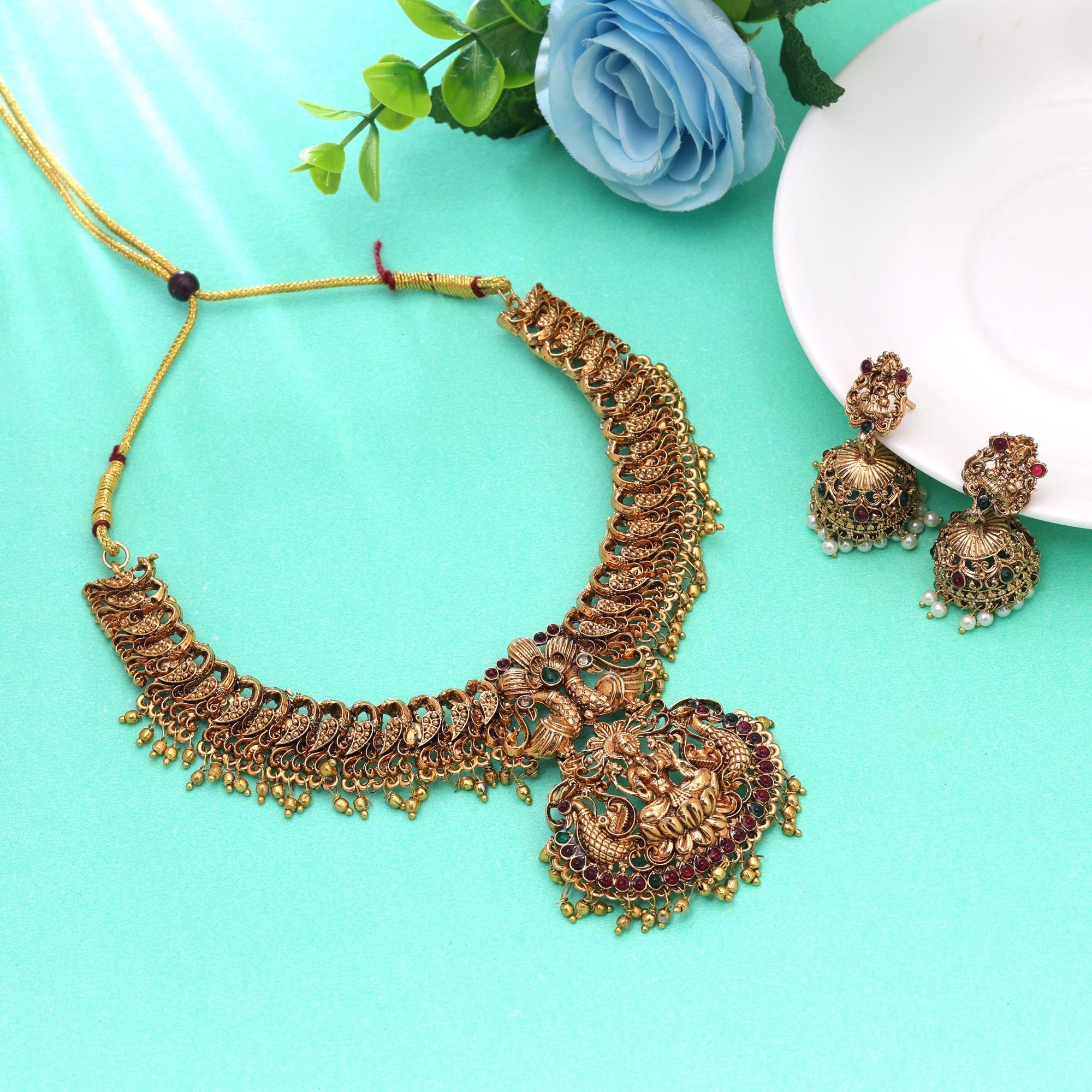 Maroon & Green Color Temple Necklace Set Designer Finish
