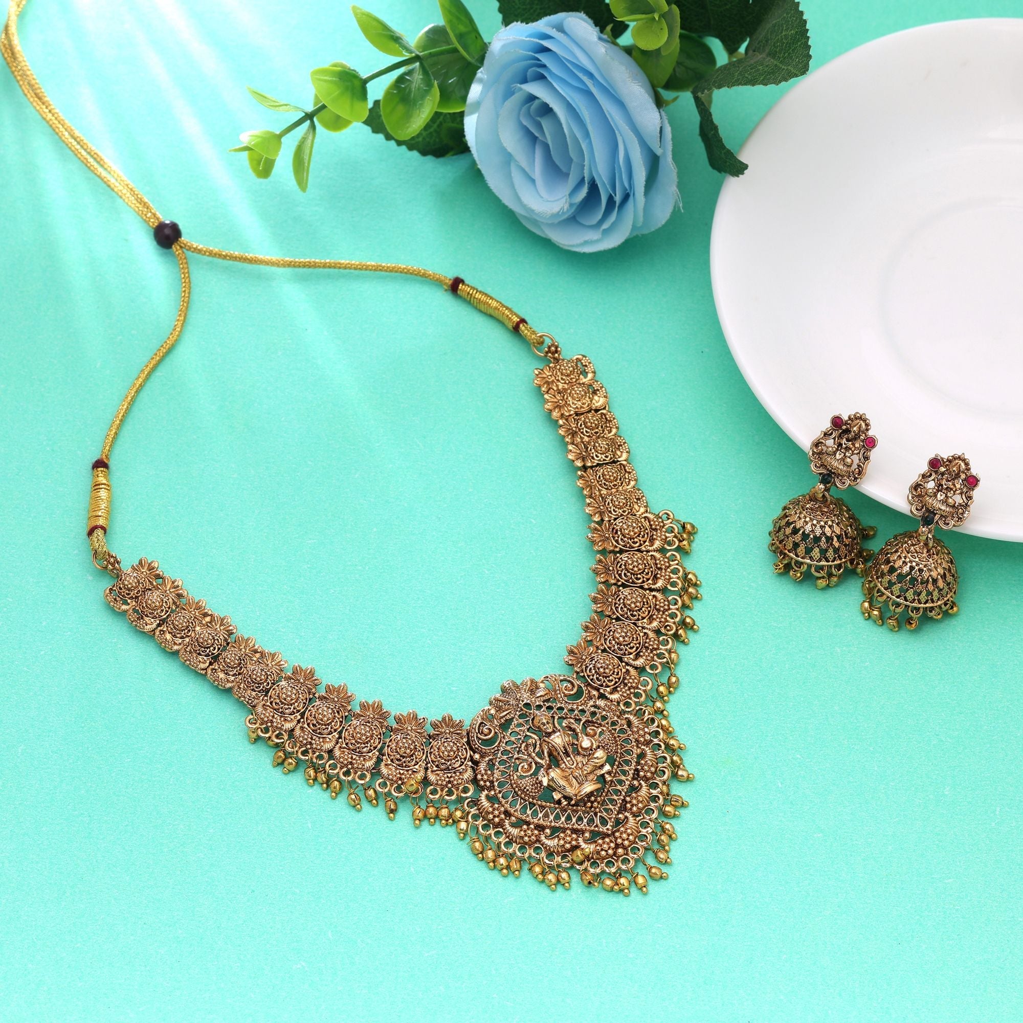 Gold Color Temple Necklace Set Royal Traditional Design