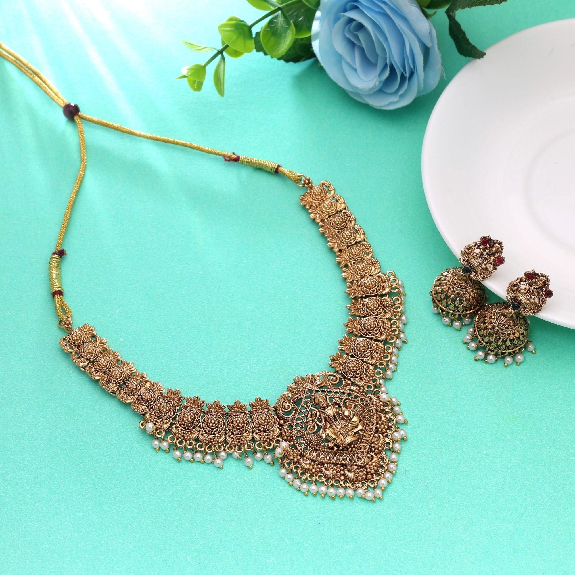 Gold Color Temple Necklace Set Bridal Style