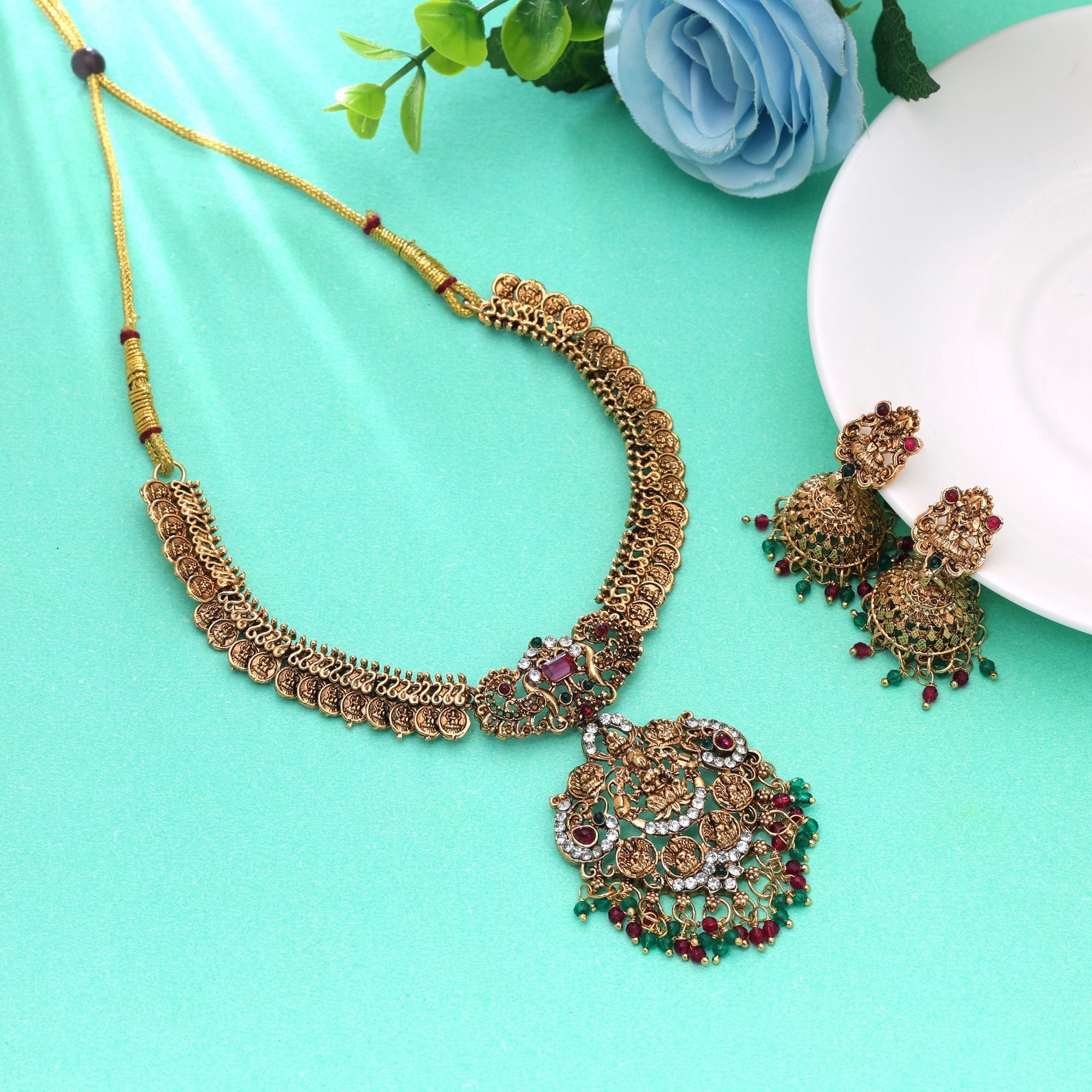 Rani & Green Color Temple Necklace Set Antique Finish