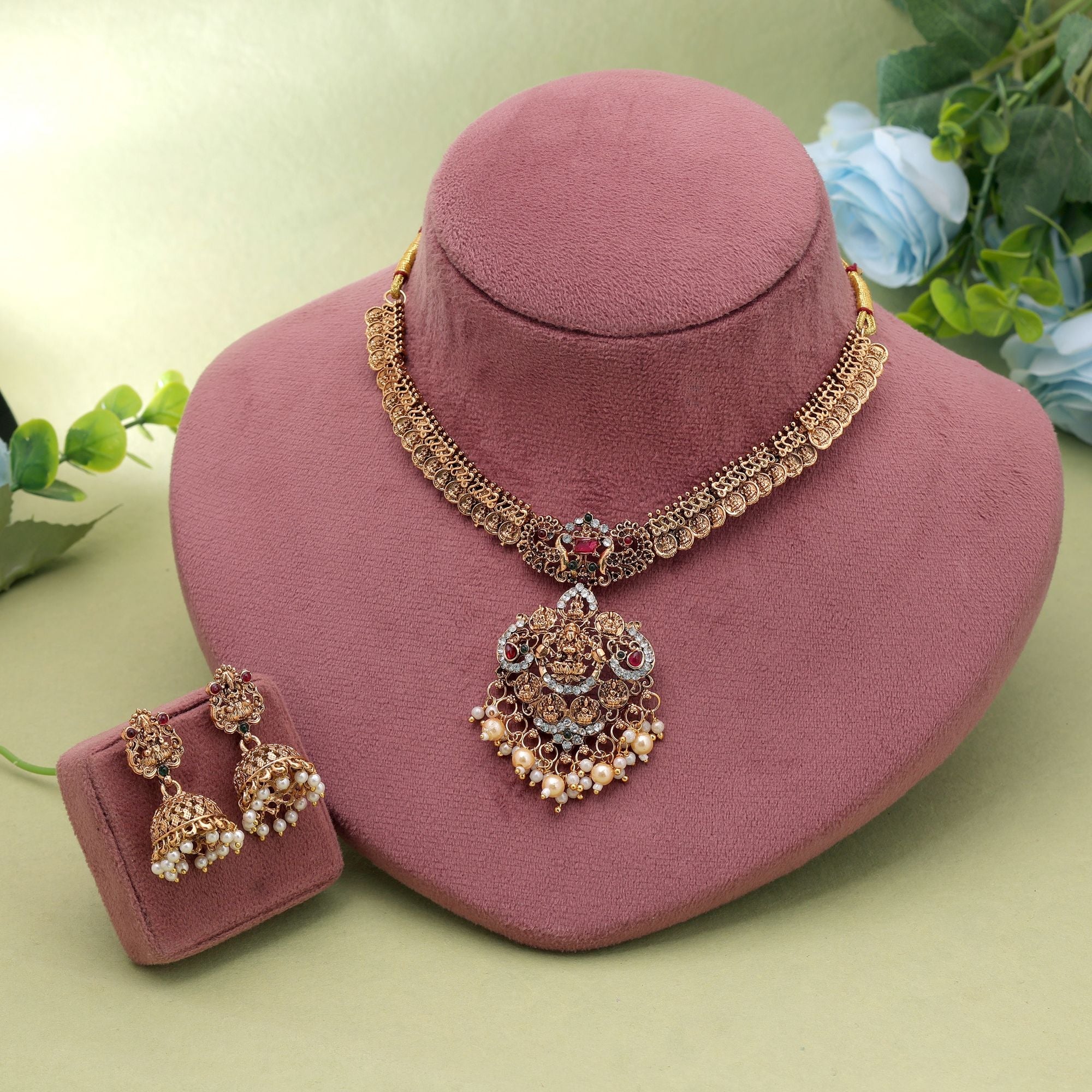 Rani & Green Color Temple Necklace Set Festive Style