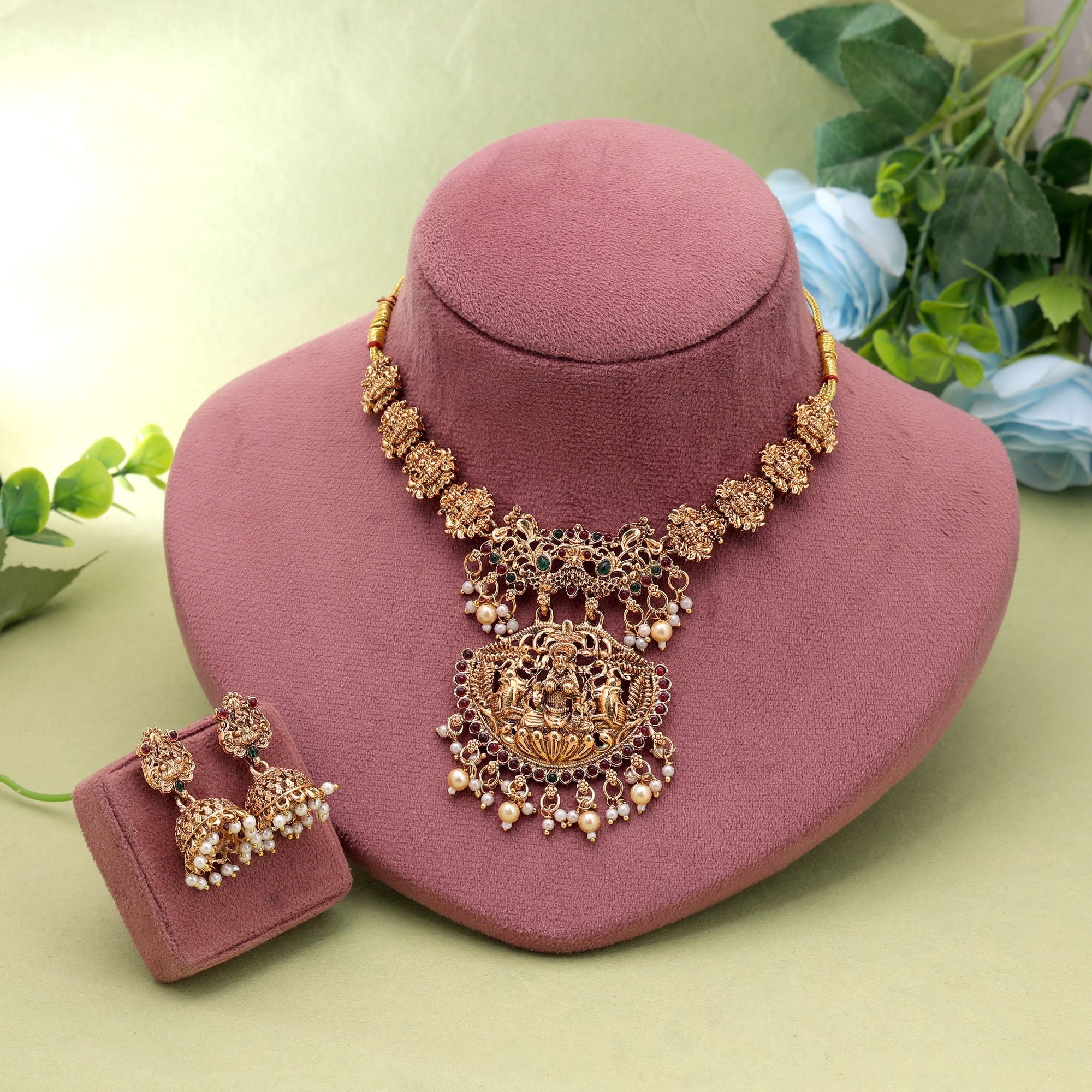 Rani & Green Color Temple Necklace Set Royal Design