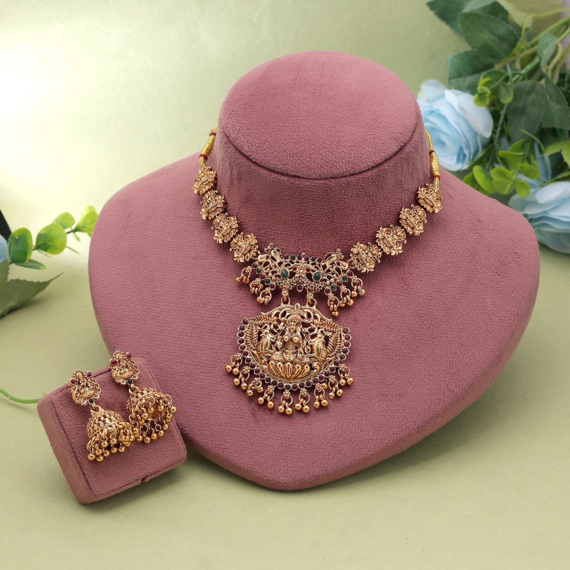 Rani & Green Color Temple Necklace Set Ethnic Look