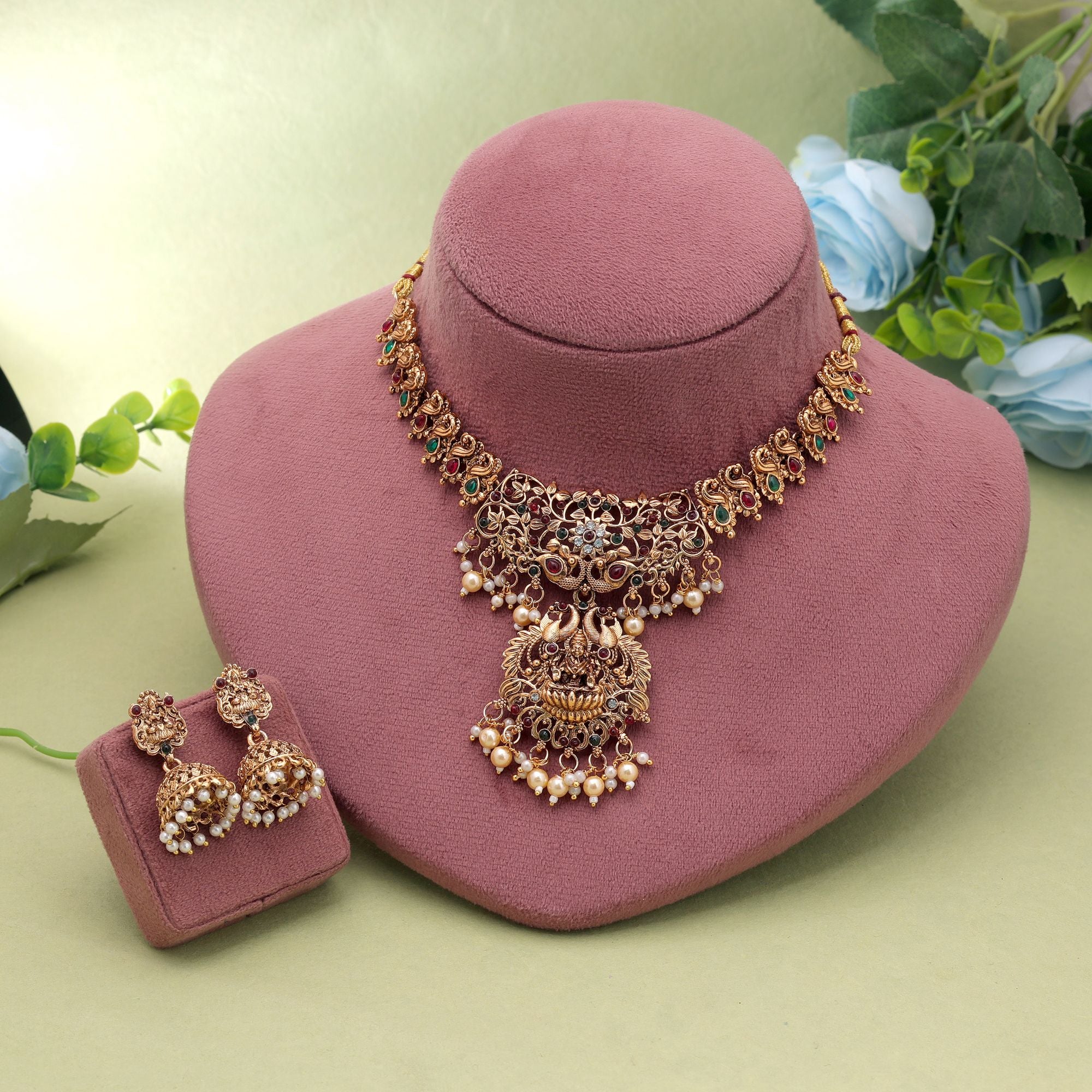 Rani & Green Color Temple Necklace Set Craft Design