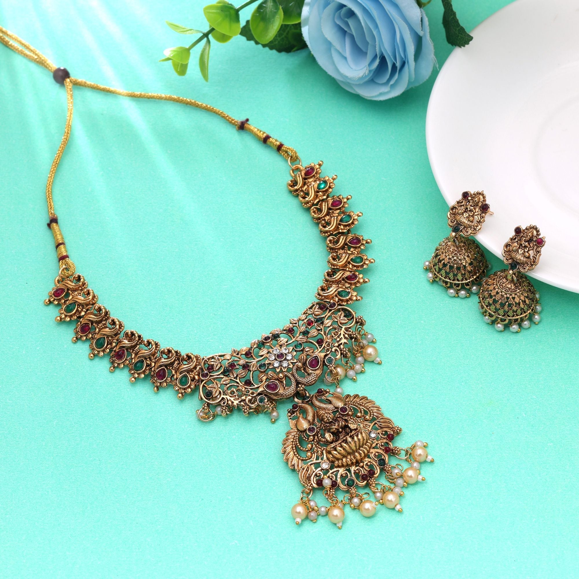 Rani & Green Color Temple Necklace Set Craft Design