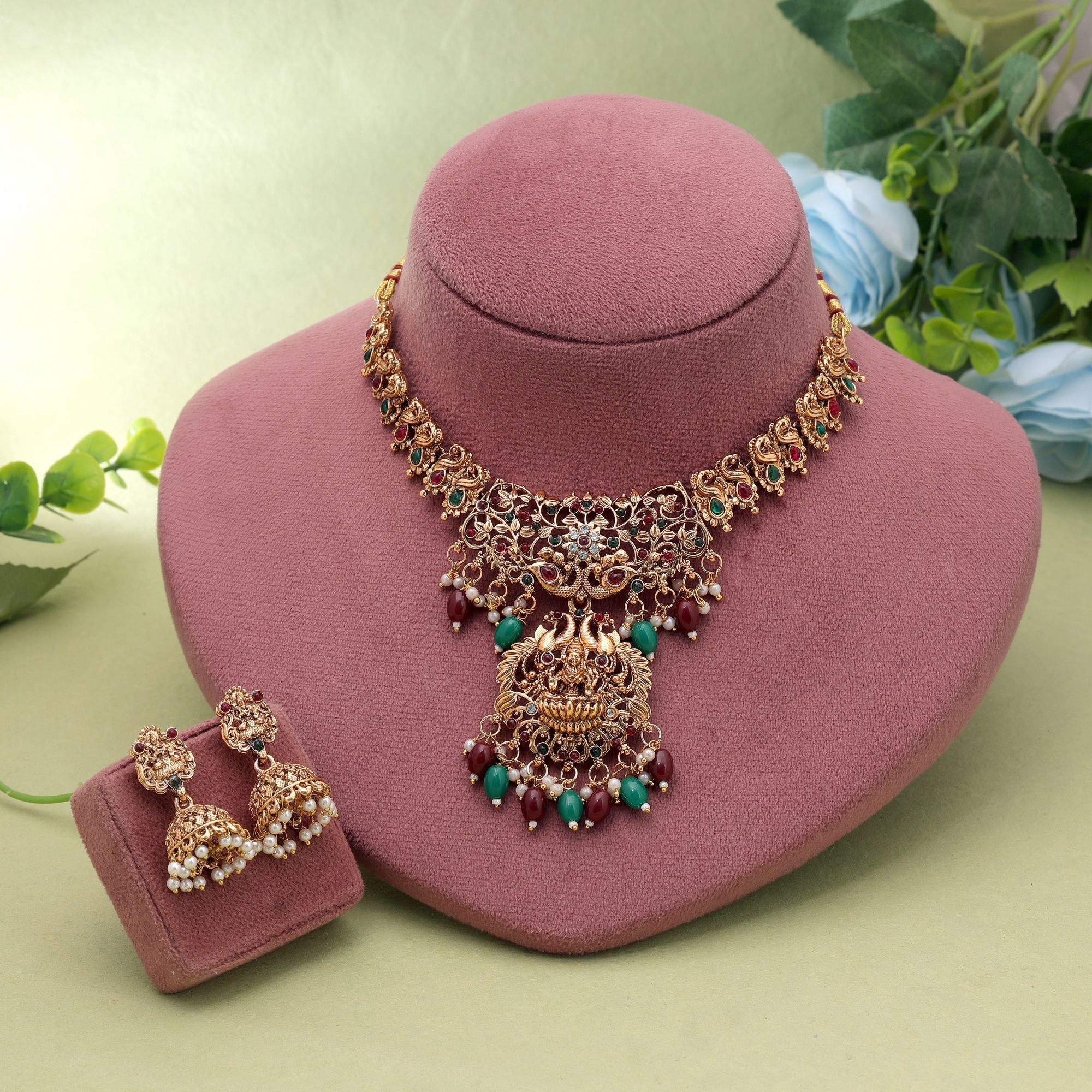 Maroon & Green Color Temple Necklace Set Royal Design