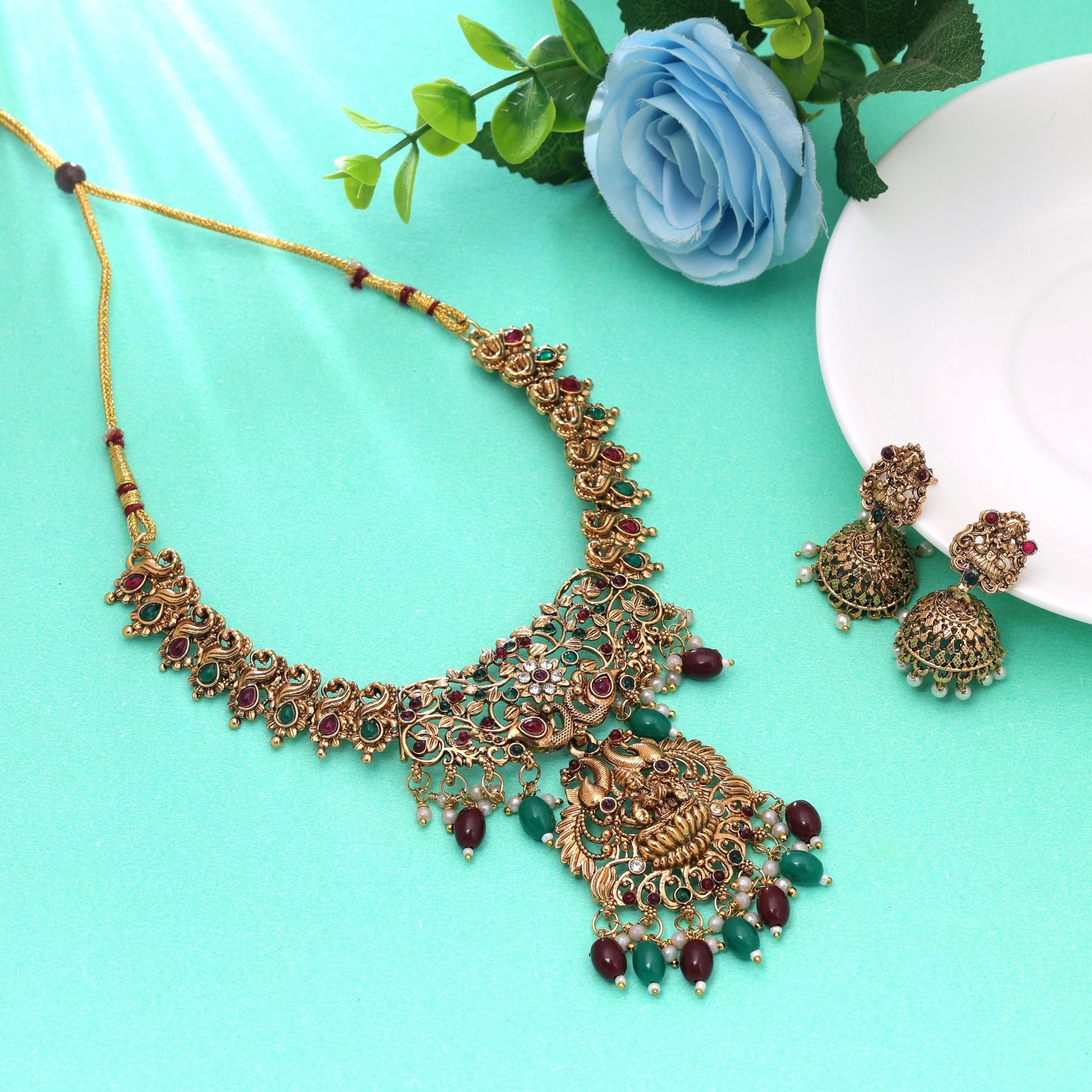 Maroon & Green Color Temple Necklace Set Royal Design
