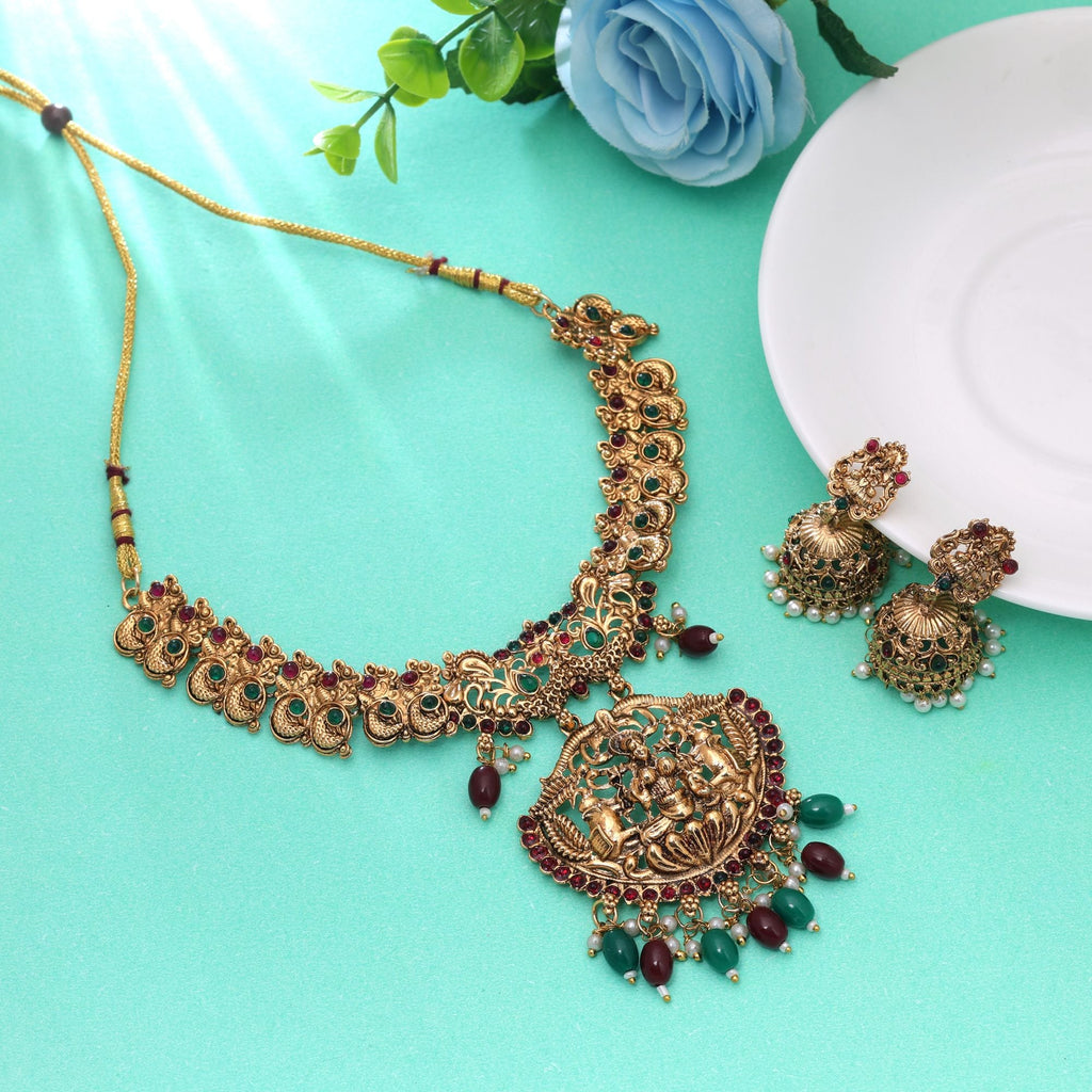 Maroon & Green Color Temple Necklace Set Traditional Craft