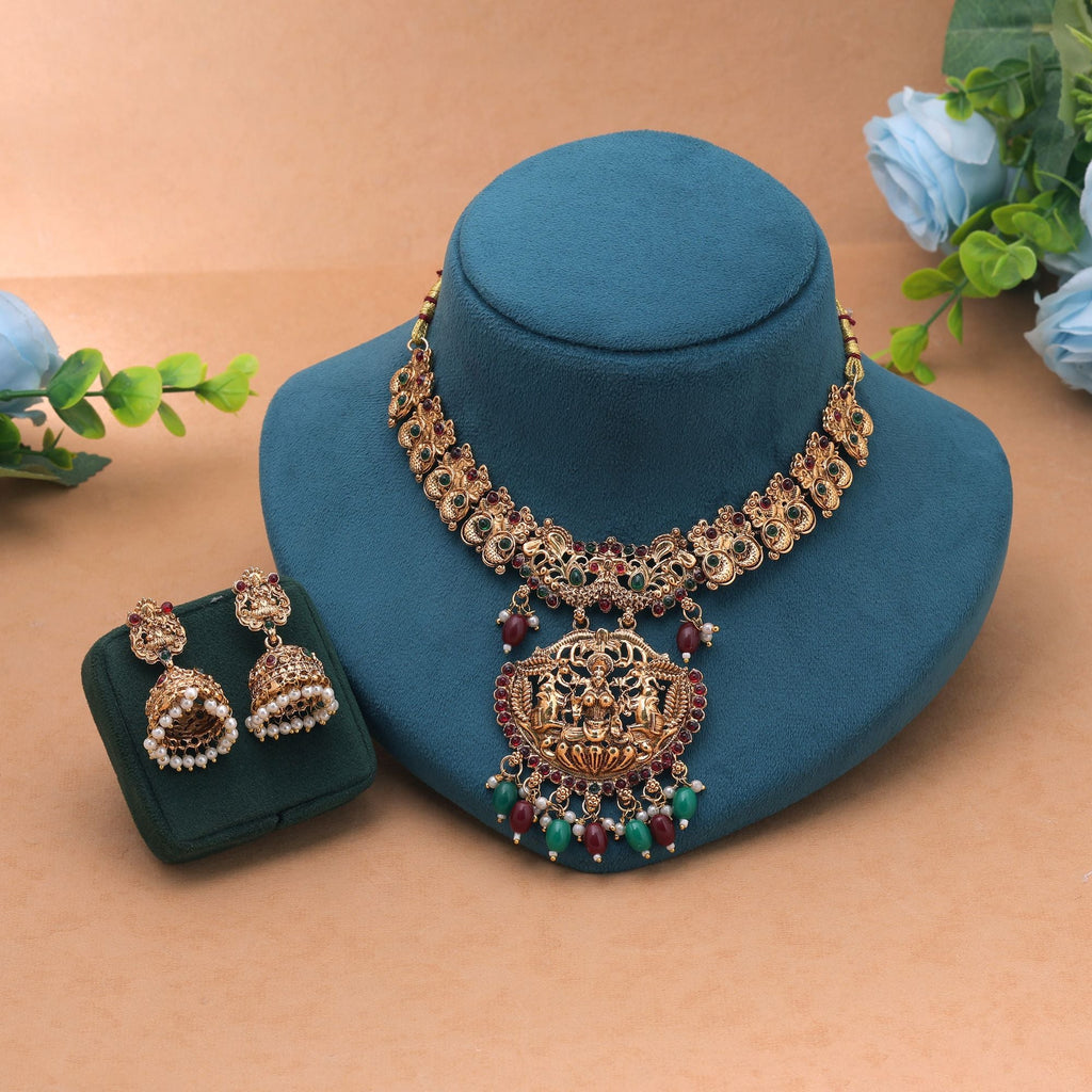 Maroon & Green Color Temple Necklace Set Traditional Craft