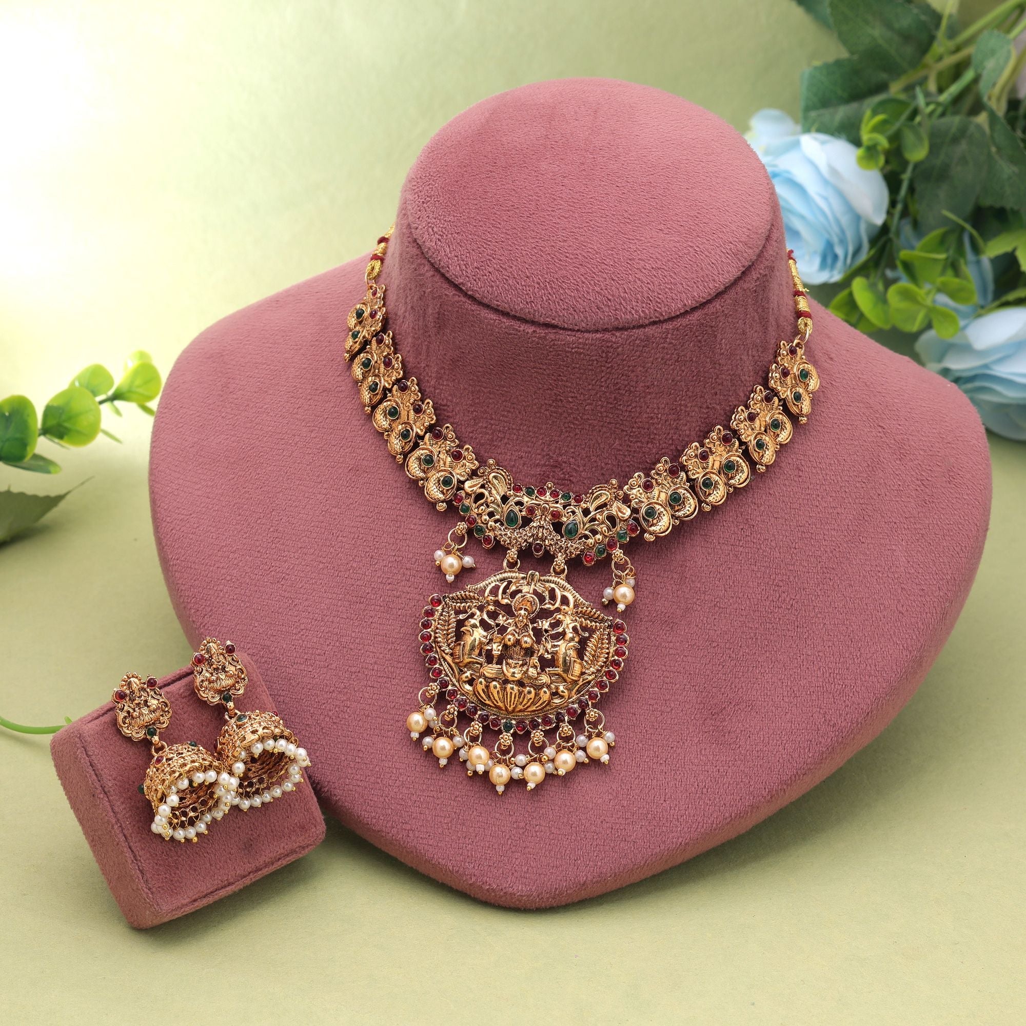 Maroon & Green Color Temple Necklace Set Festive Jewelry