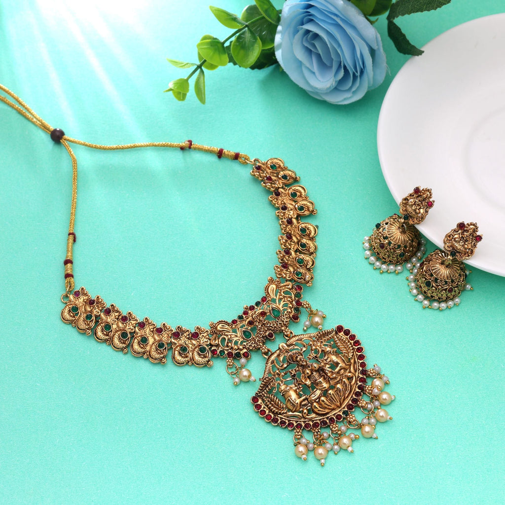 Maroon & Green Color Temple Necklace Set Festive Jewelry