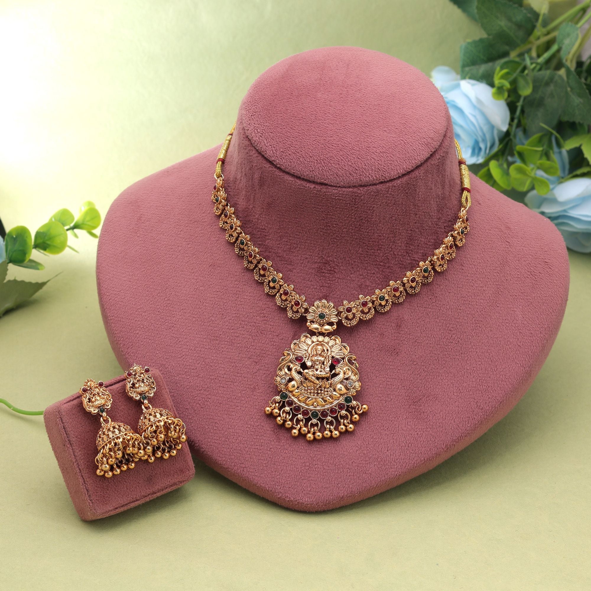 Maroon & Green Color Temple Necklace Set Antique Design