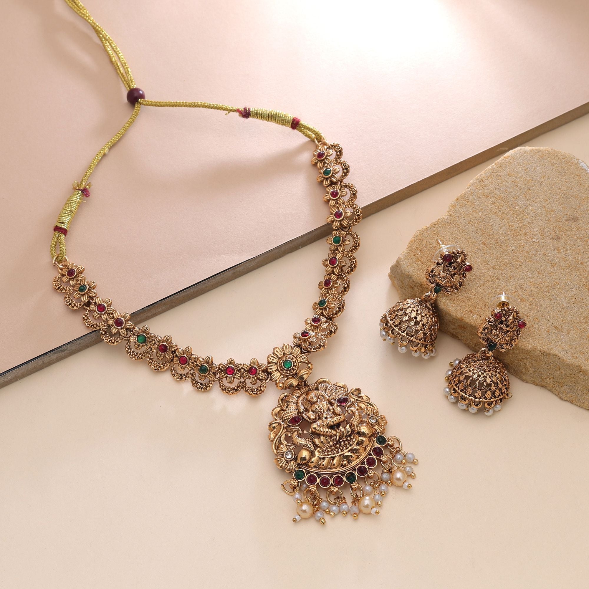 Maroon & Green Color Temple Necklace Set Bridal Charm