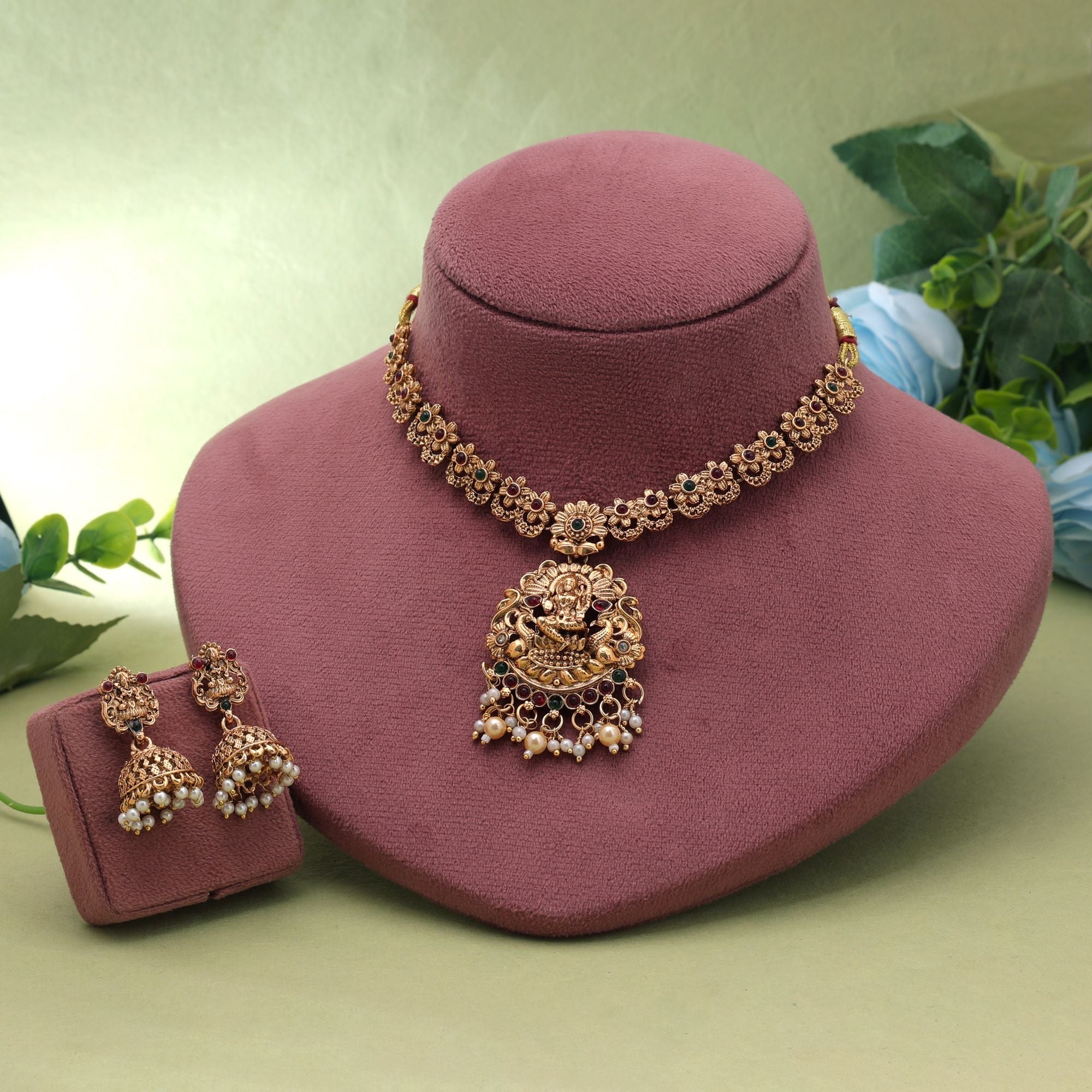 Maroon & Green Color Temple Necklace Set Bridal Charm