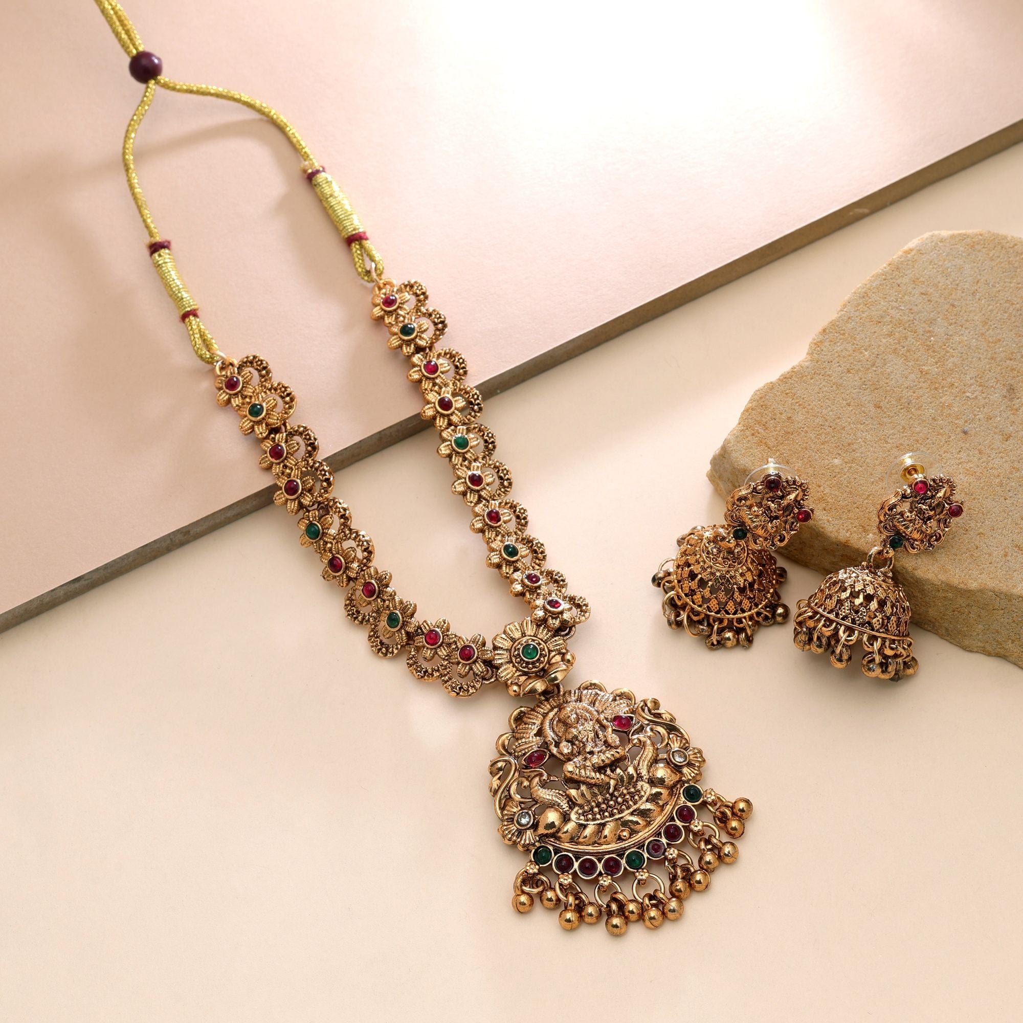 Maroon & Green Color Temple Necklace Set Ethnic Style