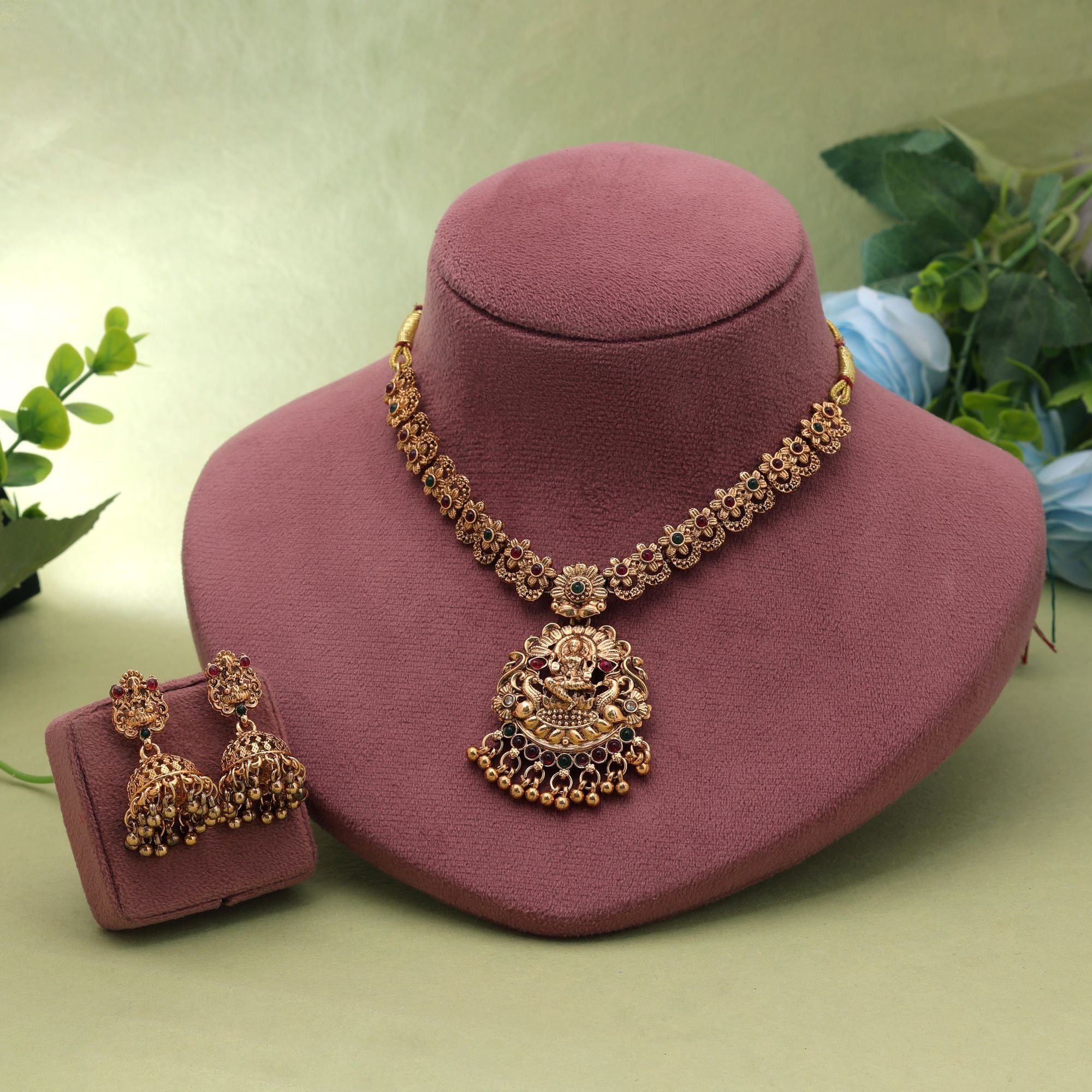 Maroon & Green Color Temple Necklace Set Ethnic Style