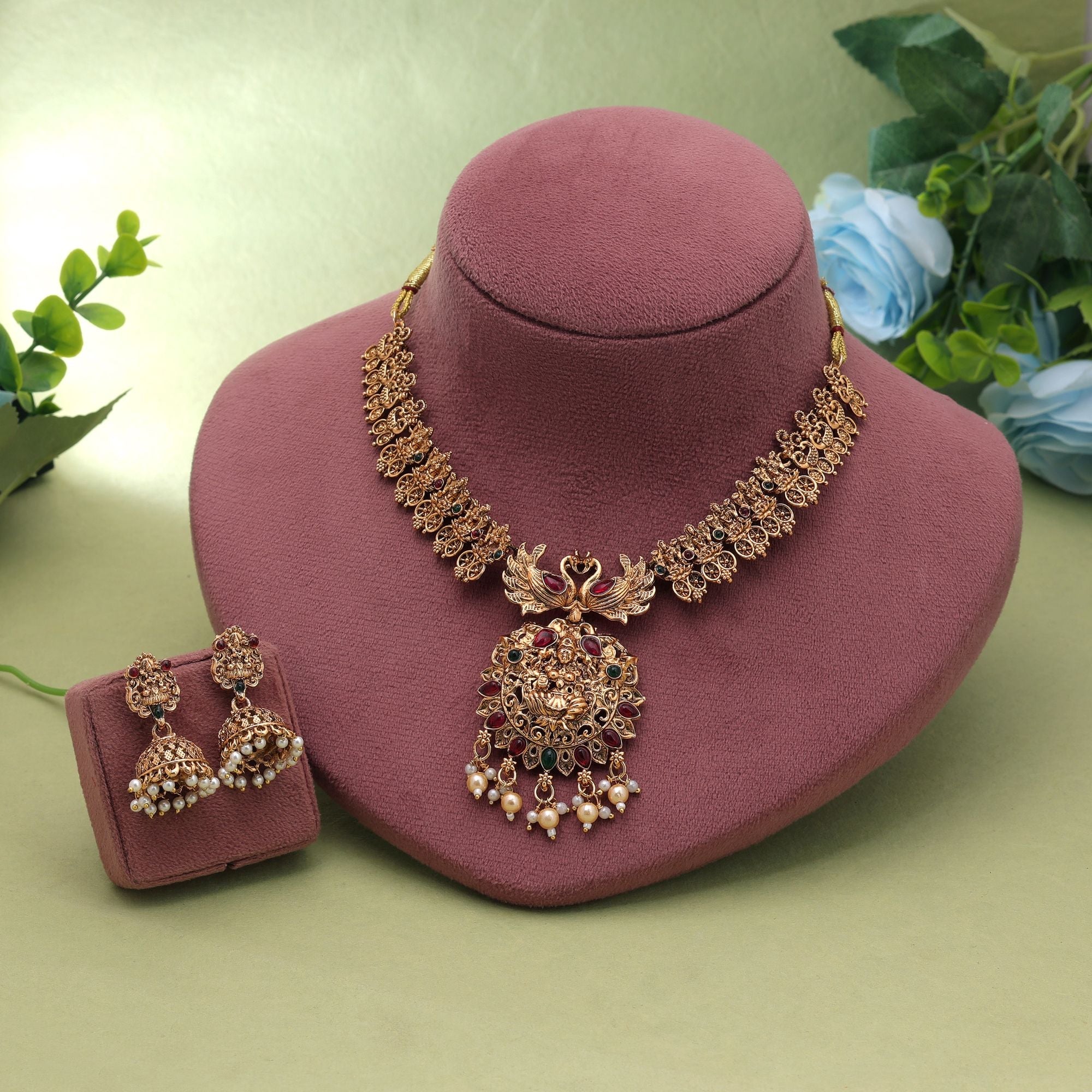 Rani & Green Color Temple Necklace Set Traditional Finish