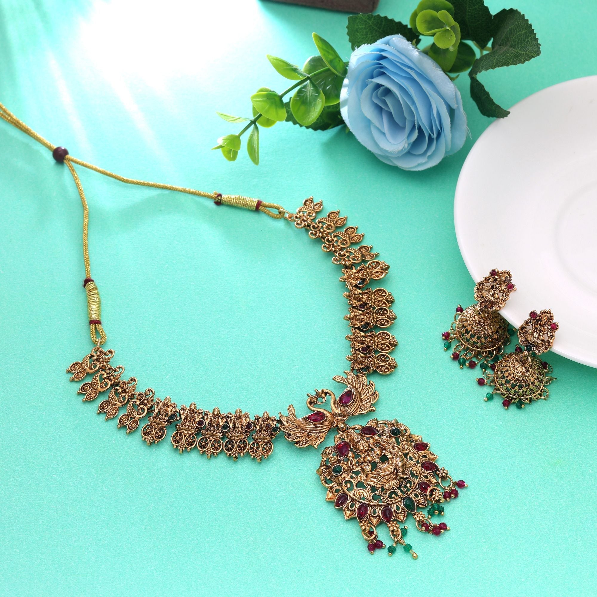 Rani & Green Color Temple Necklace Set Temple Look