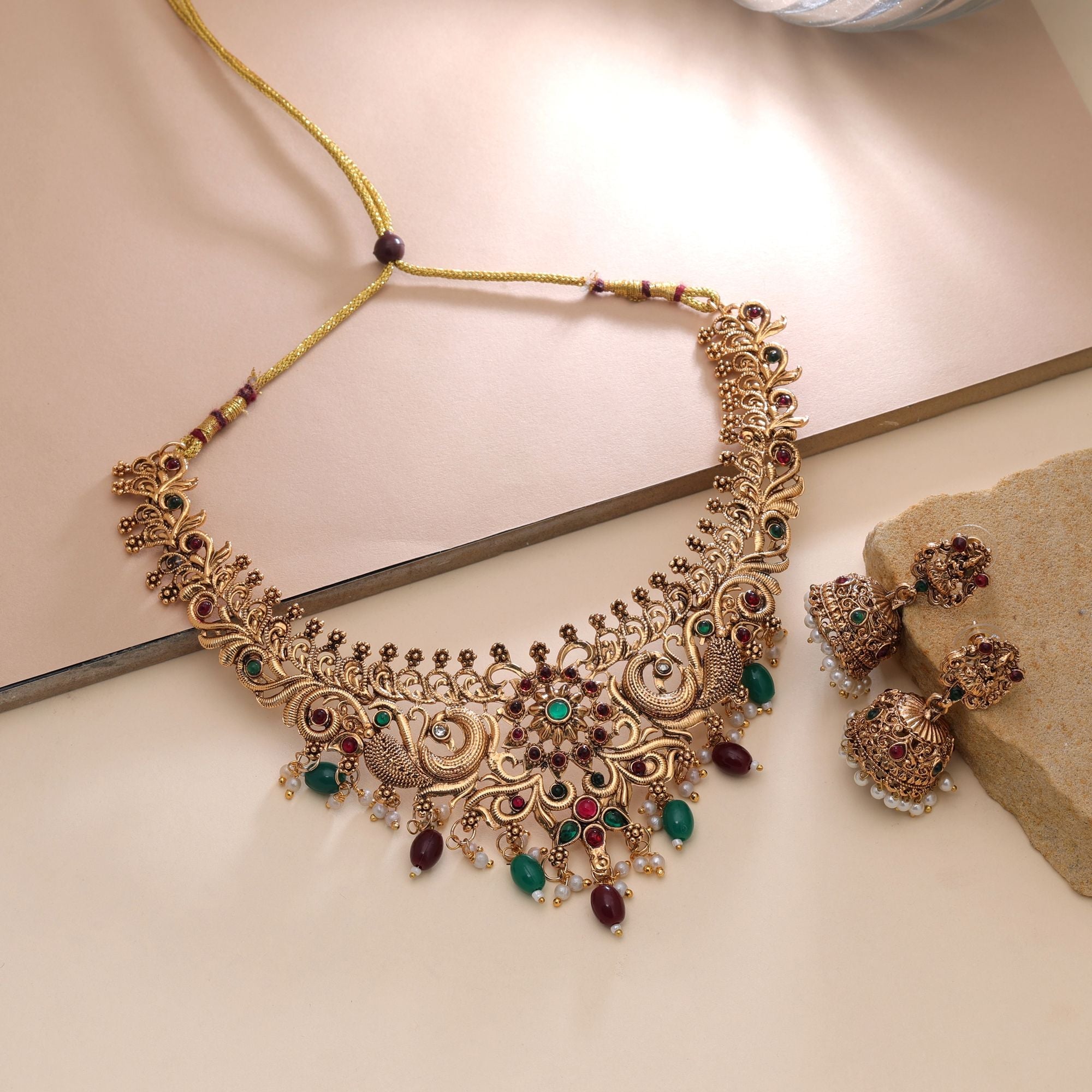 Maroon & Green Color Temple Necklace Set Cultural Design