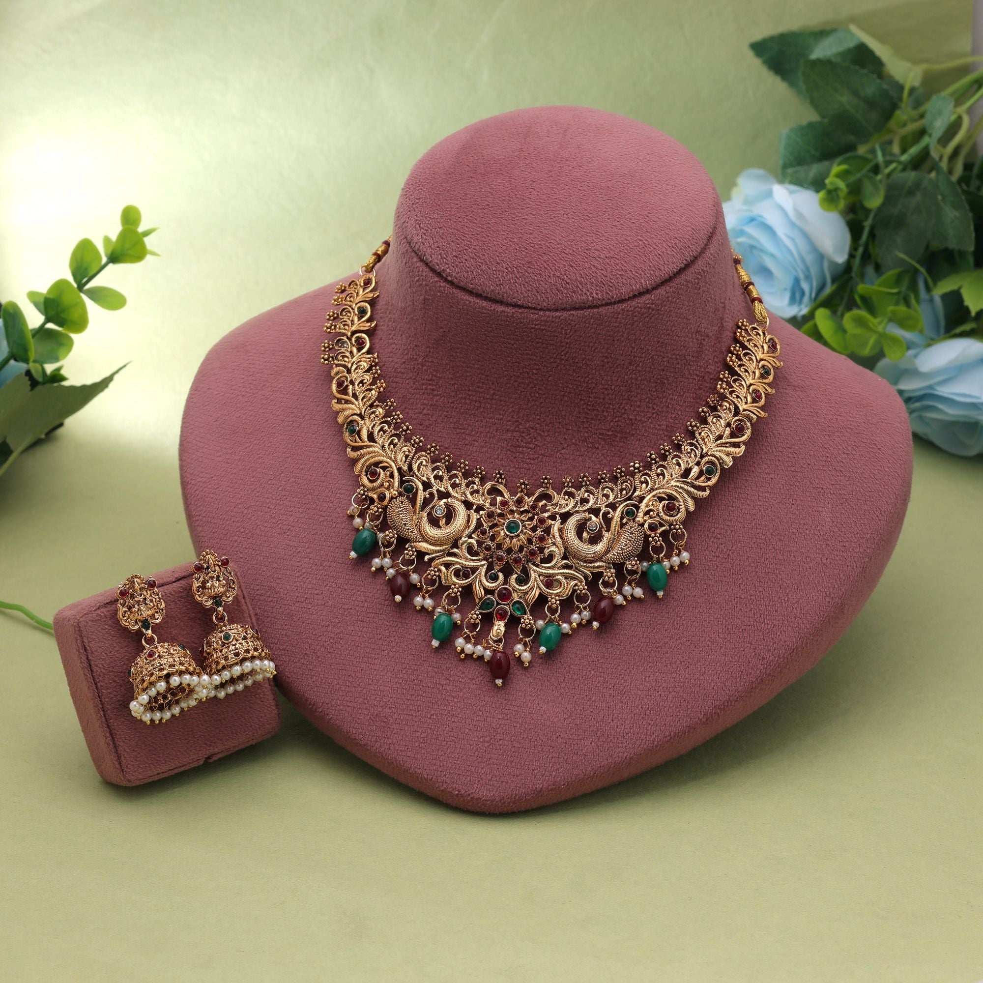 Maroon & Green Color Temple Necklace Set Cultural Design